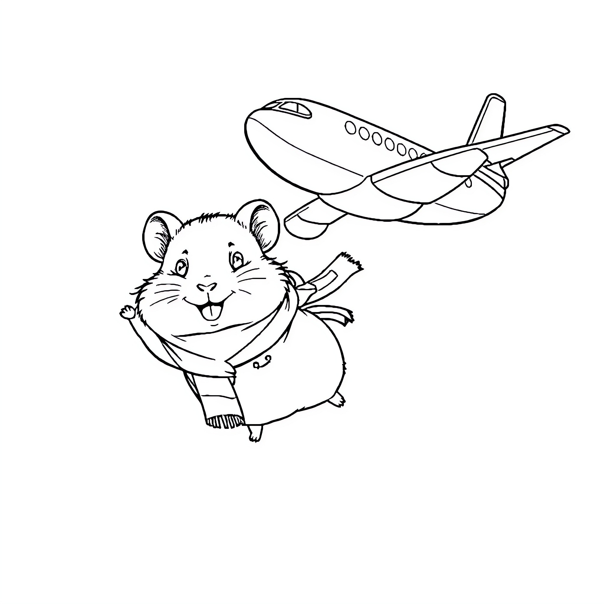 Hamster pilot flying an airplane Coloring Page (free black-and-white line drawing printable PDF for all, from beginners to advanced learners, including children, teens, adults, and seniors)