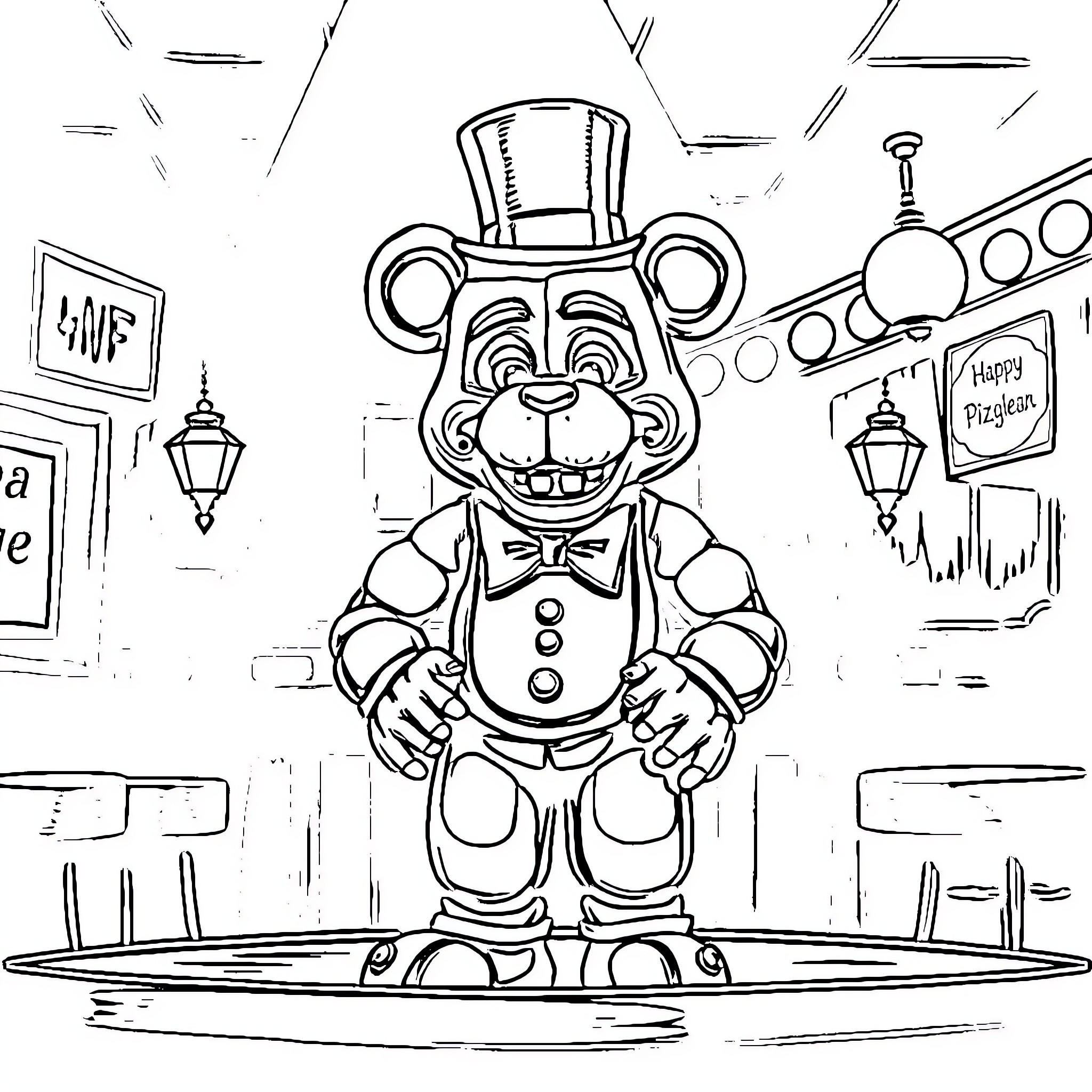 Freddy Fazbear in his animatronic suit at the pizzeria Coloring Page (free black-and-white line drawing printable PDF for all, from beginners to advanced learners, including children, teens, adults, and seniors)
