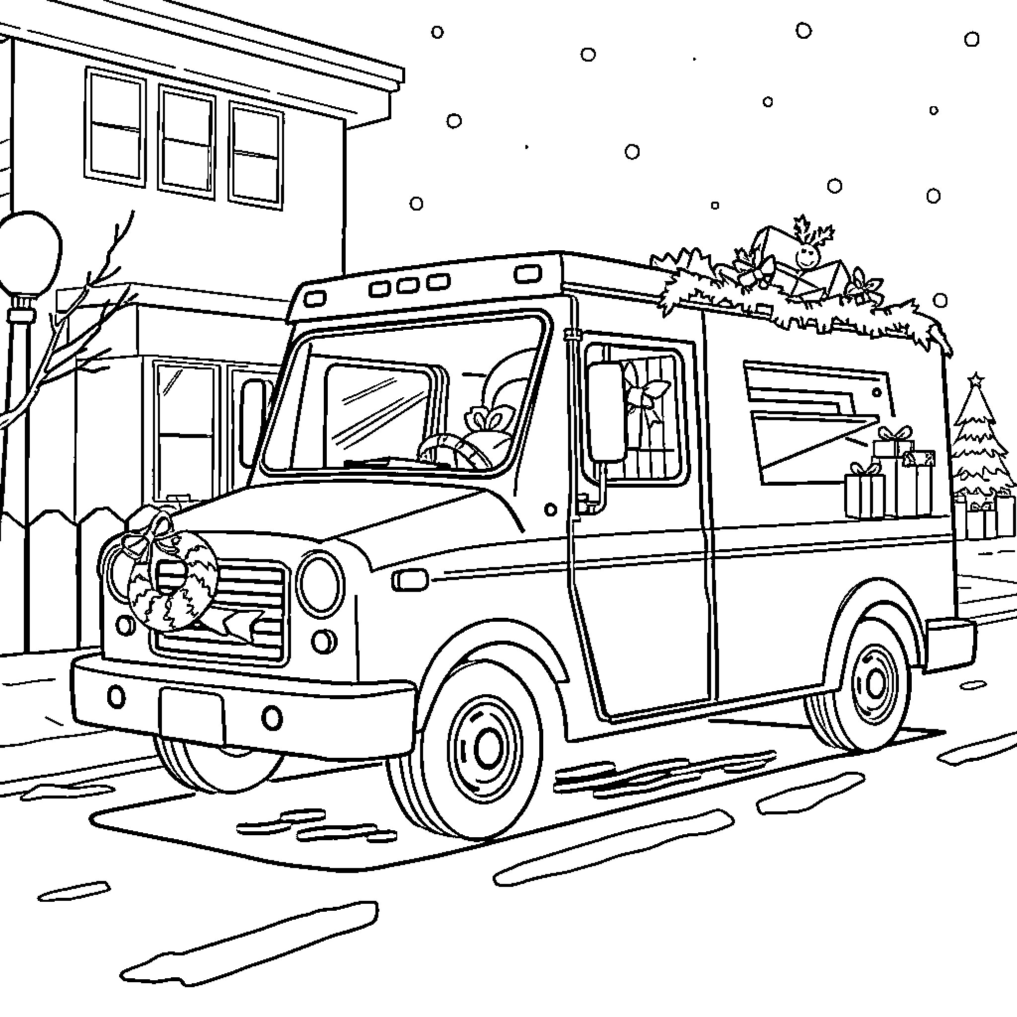Mail Truck Delivering Packages in Snowy Neighborhood Coloring Page (free black-and-white line drawing printable PDF for all, from beginners to advanced learners, including children, teens, adults, and seniors)