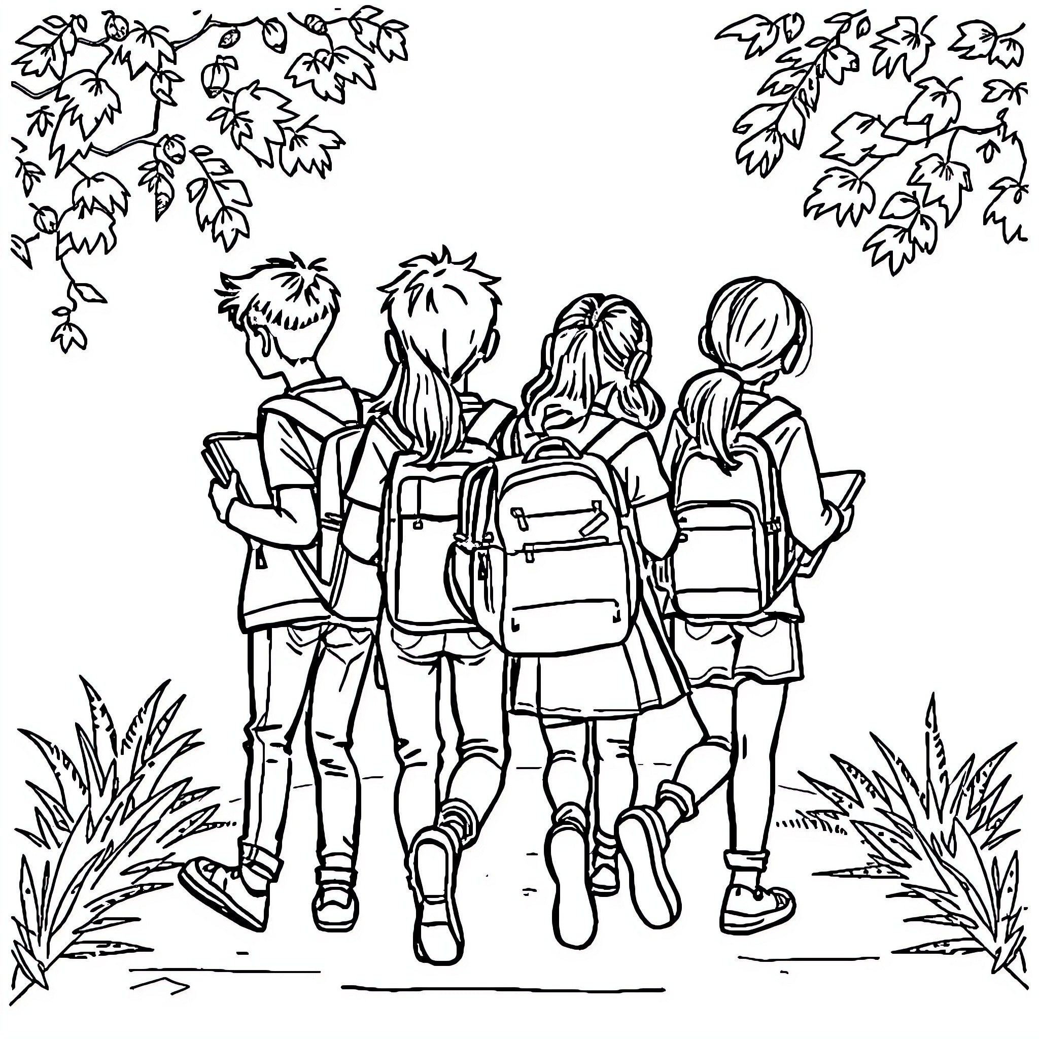 School Friends Walking Together in the Park Coloring Page (free black-and-white line drawing printable PDF for all, from beginners to advanced learners, including children, teens, adults, and seniors)