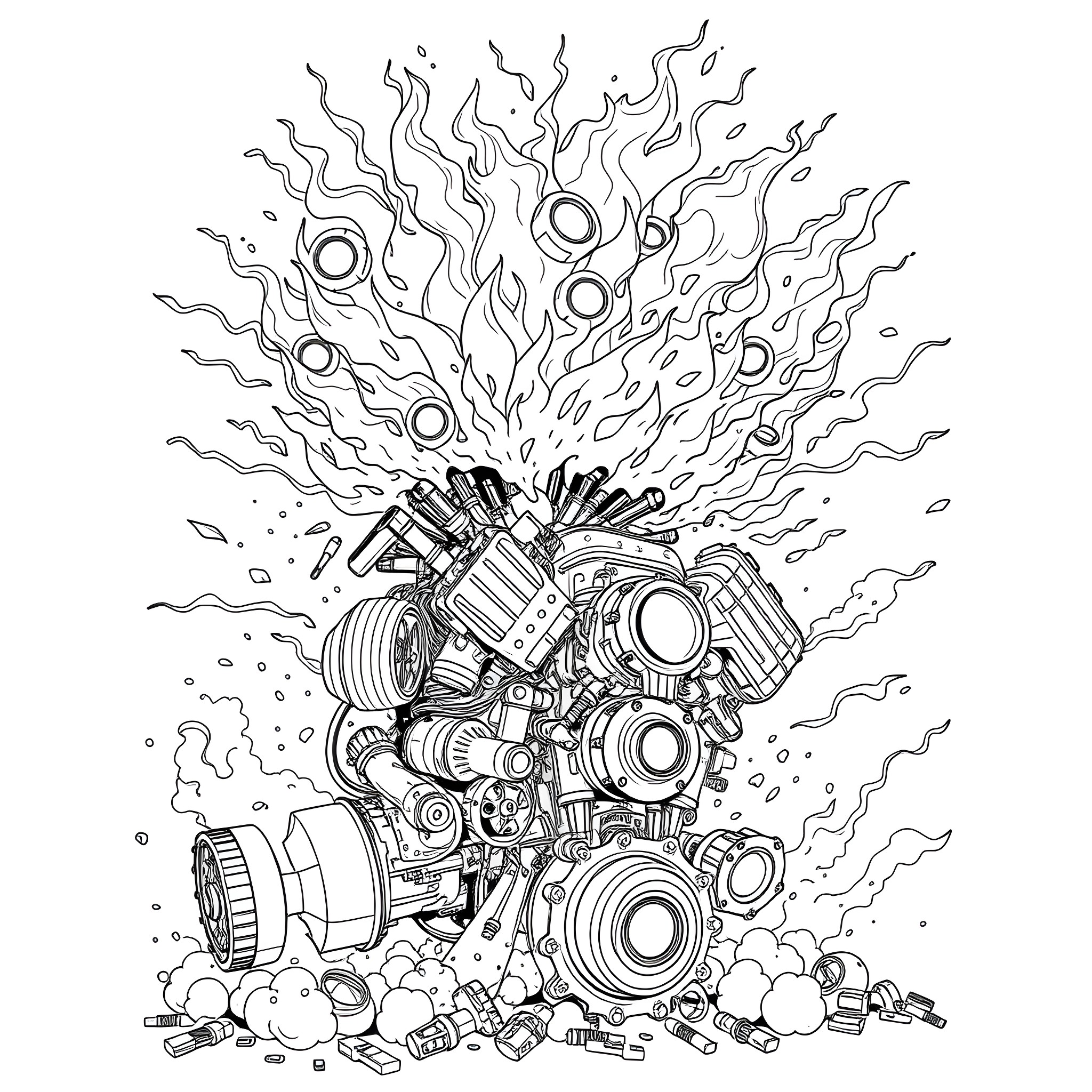 V8 Engine Explosion in Black and White Coloring Page (free black-and-white line drawing printable PDF for all, from beginners to advanced learners, including children, teens, adults, and seniors)