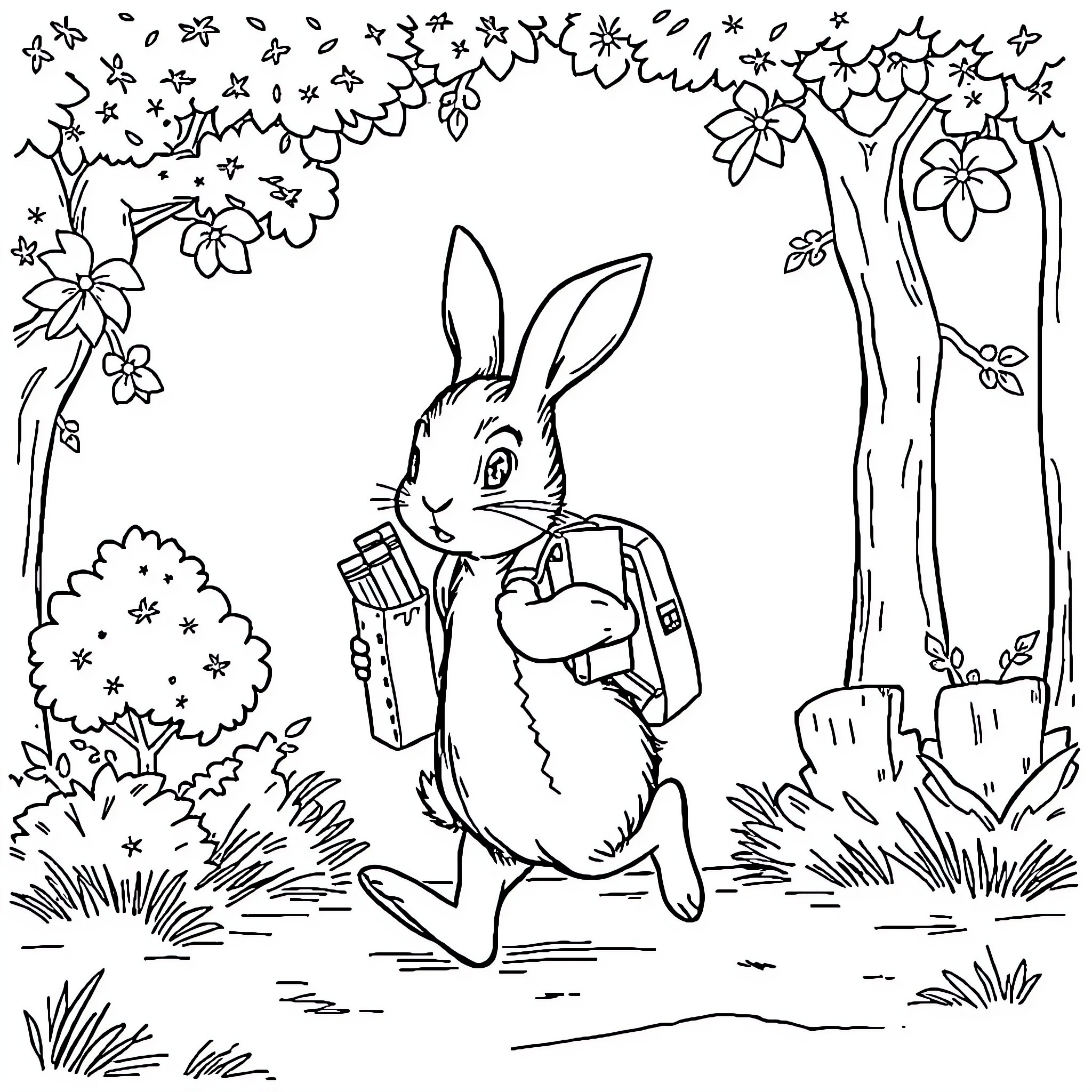 Peter Rabbit Carrying Backpack in Blooming Forest Coloring Page (free black-and-white line drawing printable PDF for all, from beginners to advanced learners, including children, teens, adults, and seniors)