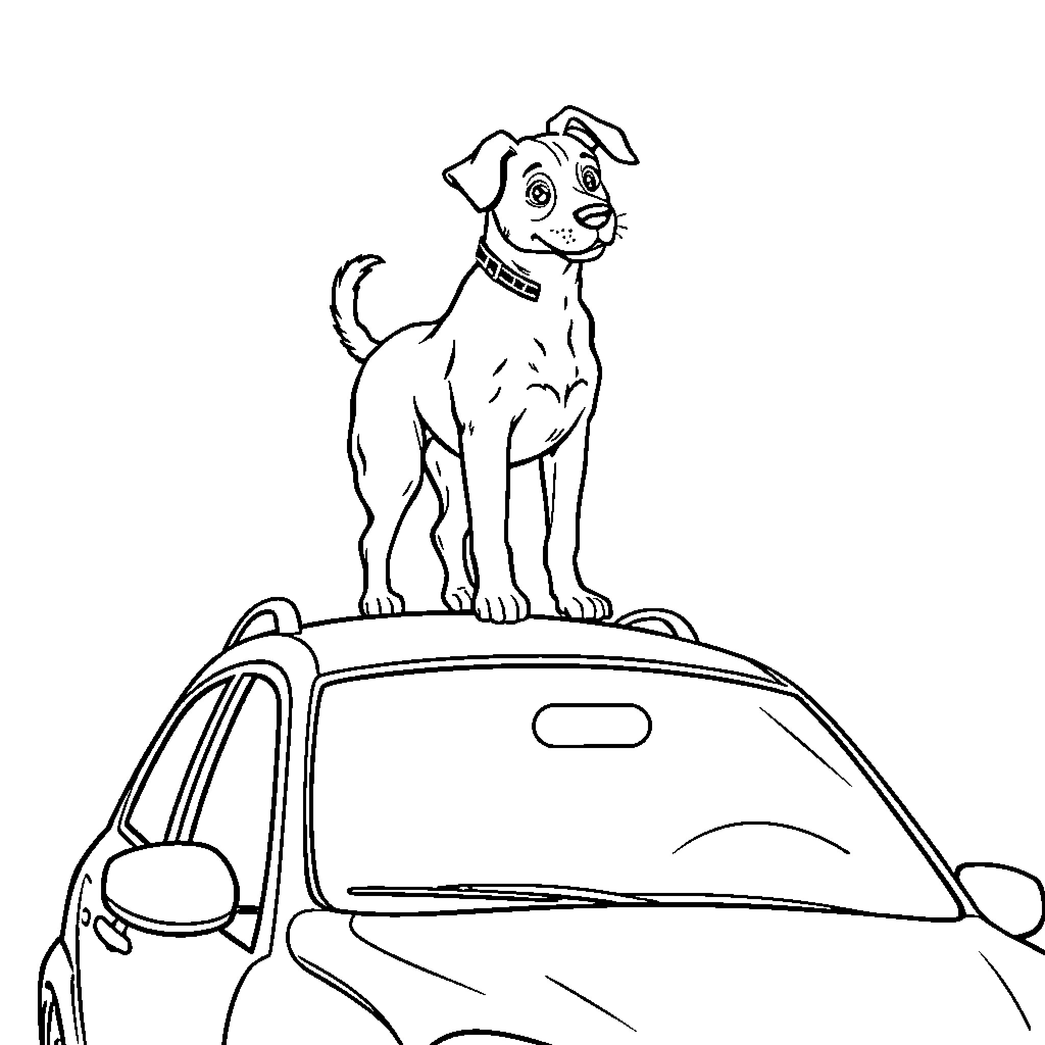Dog joyfully riding on top of car Coloring Page (free black-and-white line drawing printable PDF for all, from beginners to advanced learners, including children, teens, adults, and seniors)