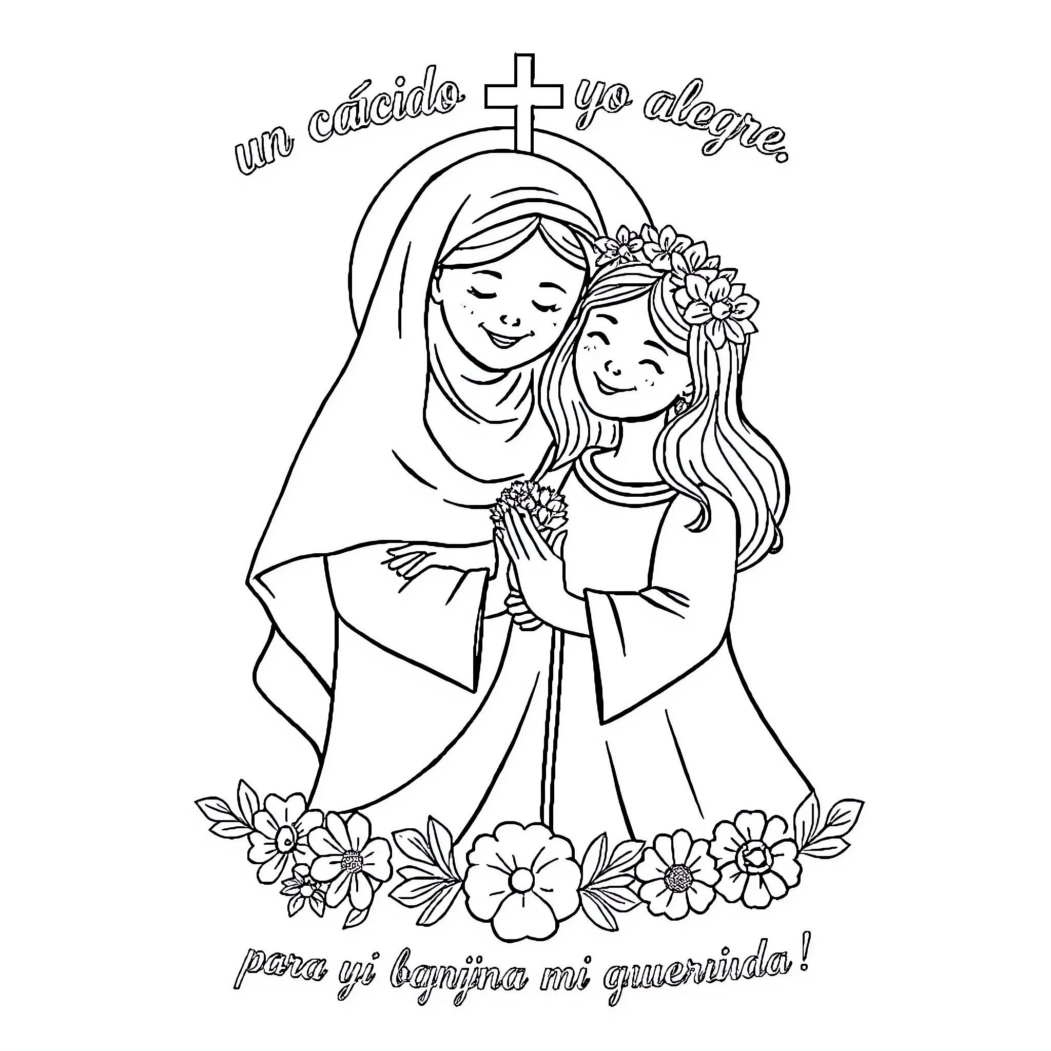 Mother embracing child with religious symbolism Coloring Page (free black-and-white line drawing printable PDF for all, from beginners to advanced learners, including children, teens, adults, and seniors)