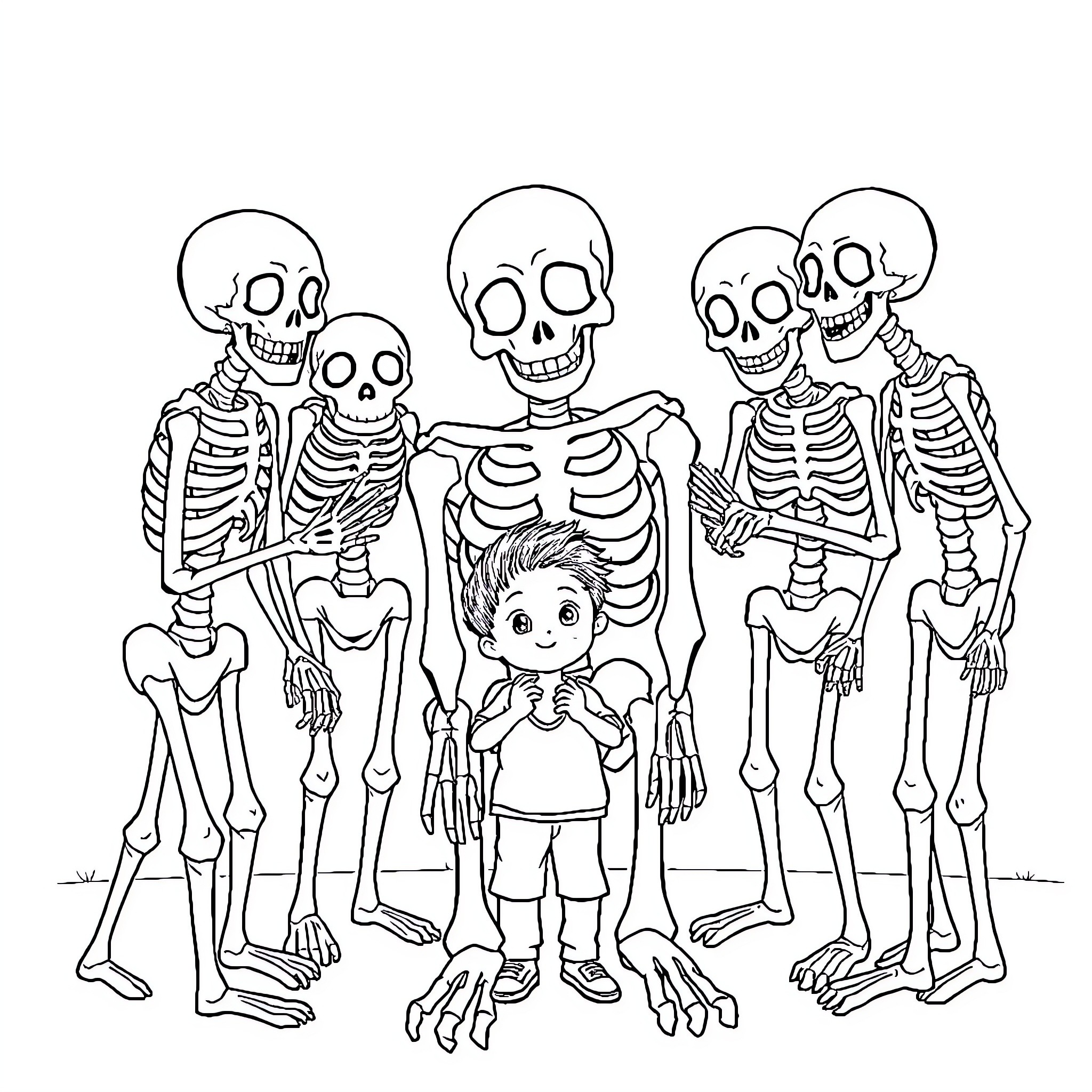 Skeleton Family Posing Together Coloring Page (free black-and-white line drawing printable PDF for all, from beginners to advanced learners, including children, teens, adults, and seniors)