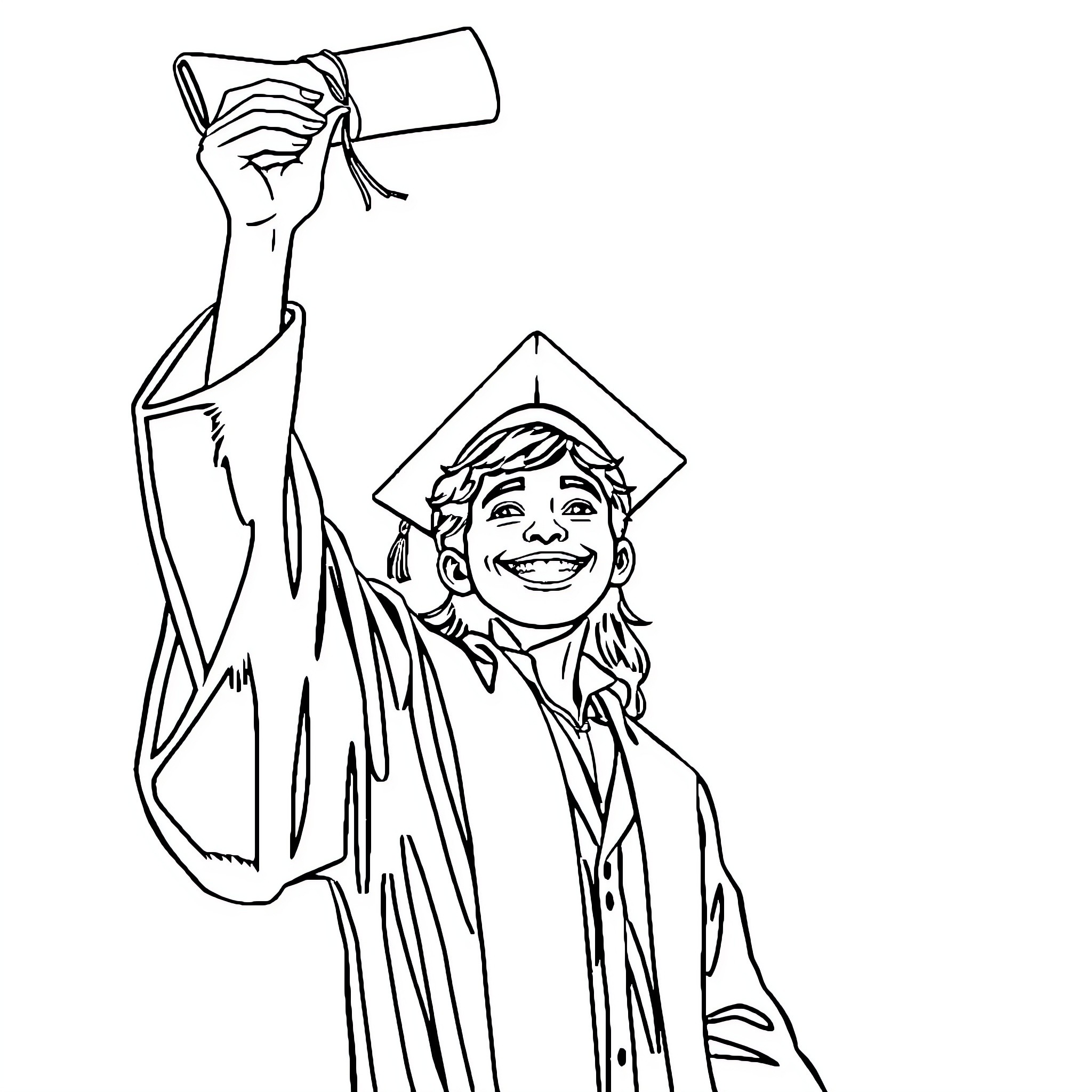 Teenager celebrates graduation with raised diploma Coloring Page (free black-and-white line drawing printable PDF for all, from beginners to advanced learners, including children, teens, adults, and seniors)