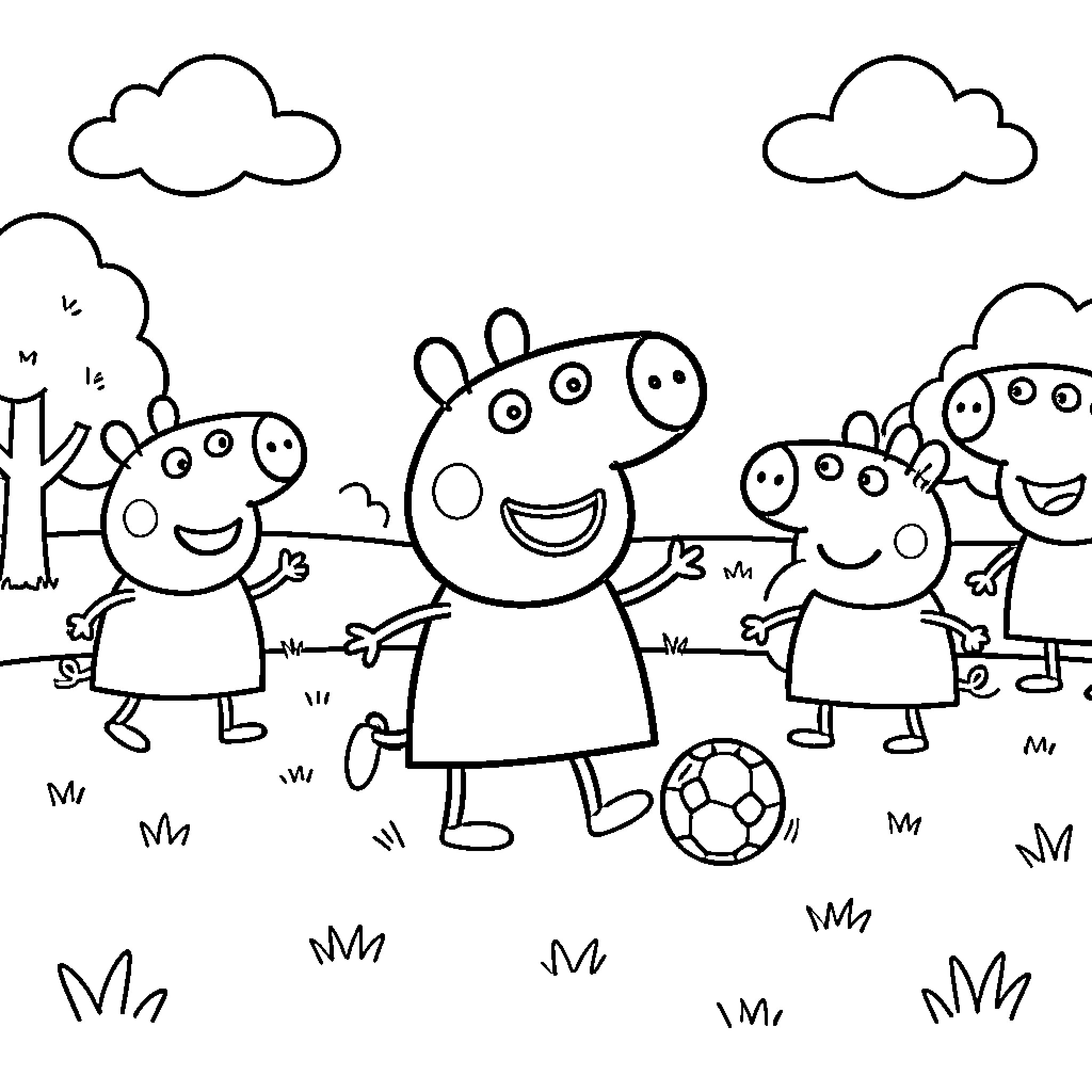 Peppa Pig and friends playing with a soccer ball Coloring Page (free black-and-white line drawing printable PDF for all, from beginners to advanced learners, including children, teens, adults, and seniors)