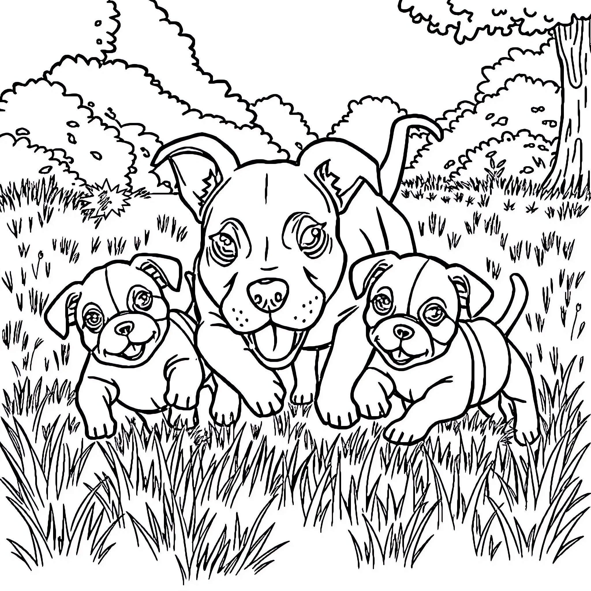 Pitbull puppies playing happily in the park Coloring Page (free black-and-white line drawing printable PDF for all, from beginners to advanced learners, including children, teens, adults, and seniors)
