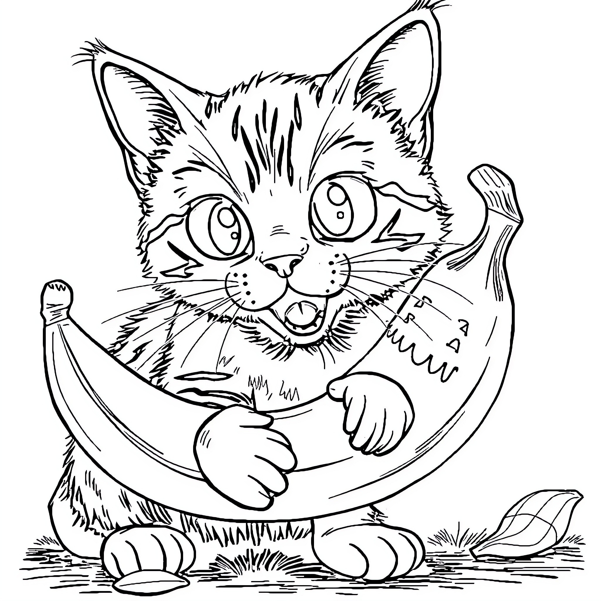 Chat with a Mischievous Feline Friend Coloring Page (free black-and-white line drawing printable PDF for all, from beginners to advanced learners, including children, teens, adults, and seniors)