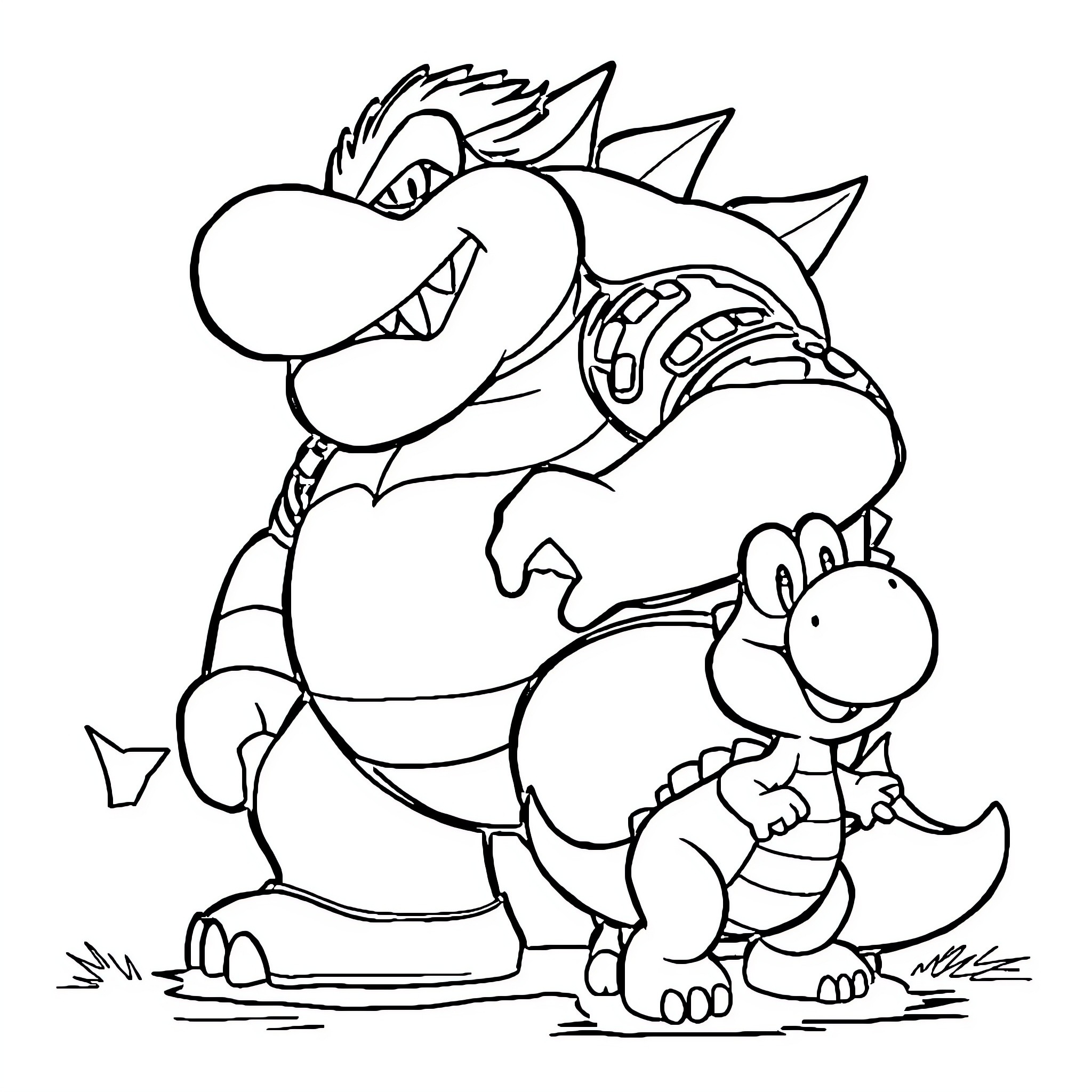 Bowser intimidating a smaller lizard-like creature Coloring Page (free black-and-white line drawing printable PDF for all, from beginners to advanced learners, including children, teens, adults, and seniors)