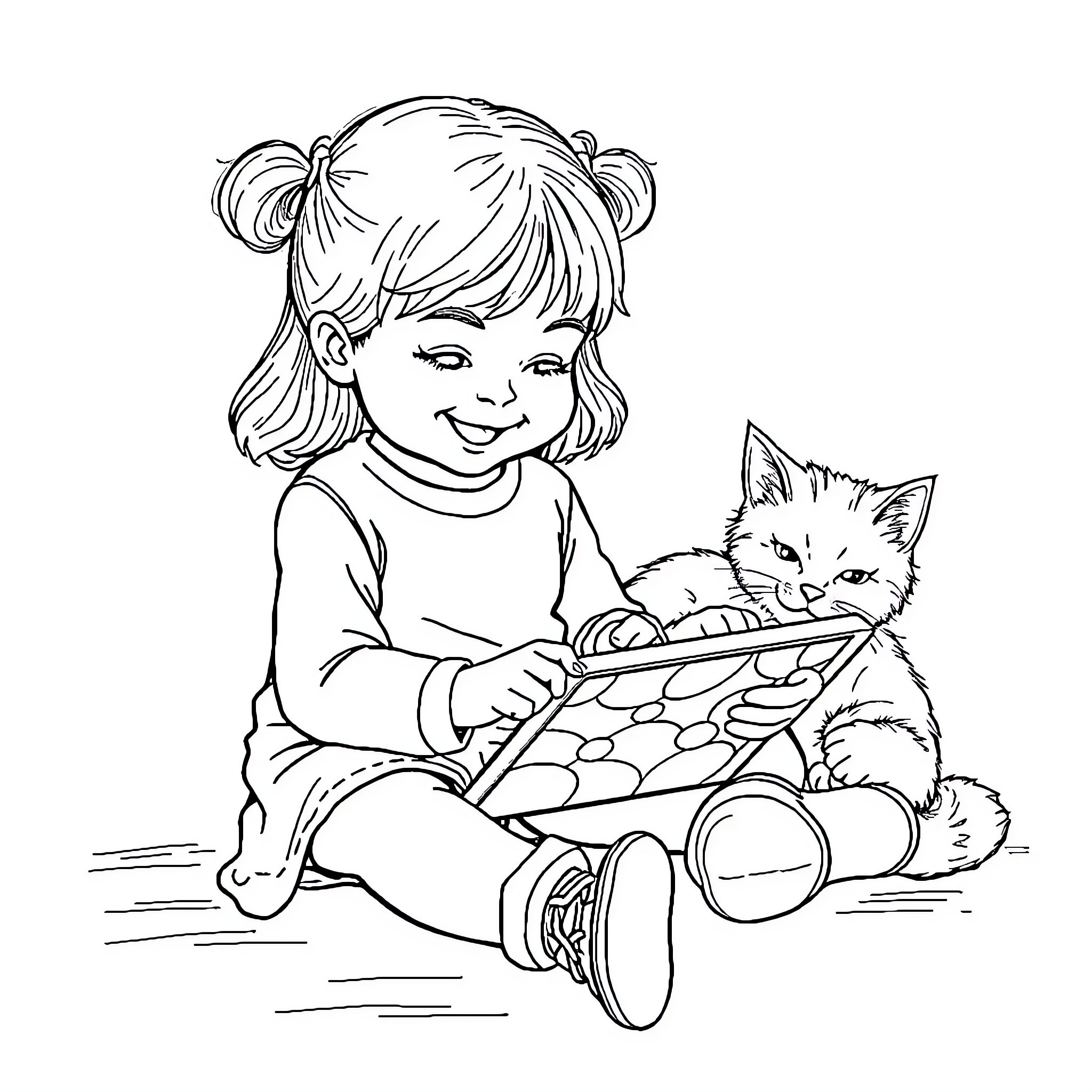 Girl playing with a kitten on the floor Coloring Page (free black-and-white line drawing printable PDF for all, from beginners to advanced learners, including children, teens, adults, and seniors)
