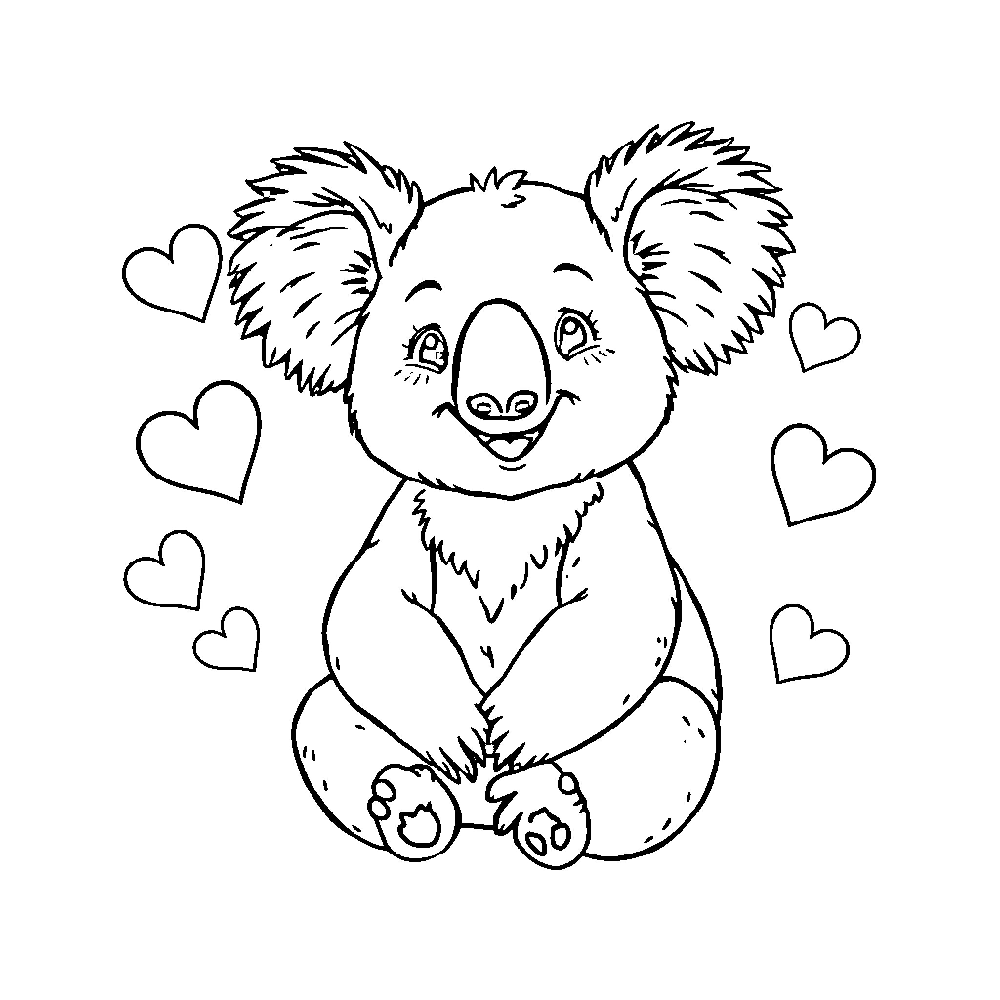 Koala surrounded by hearts in a loving pose Coloring Page (free black-and-white line drawing printable PDF for all, from beginners to advanced learners, including children, teens, adults, and seniors)