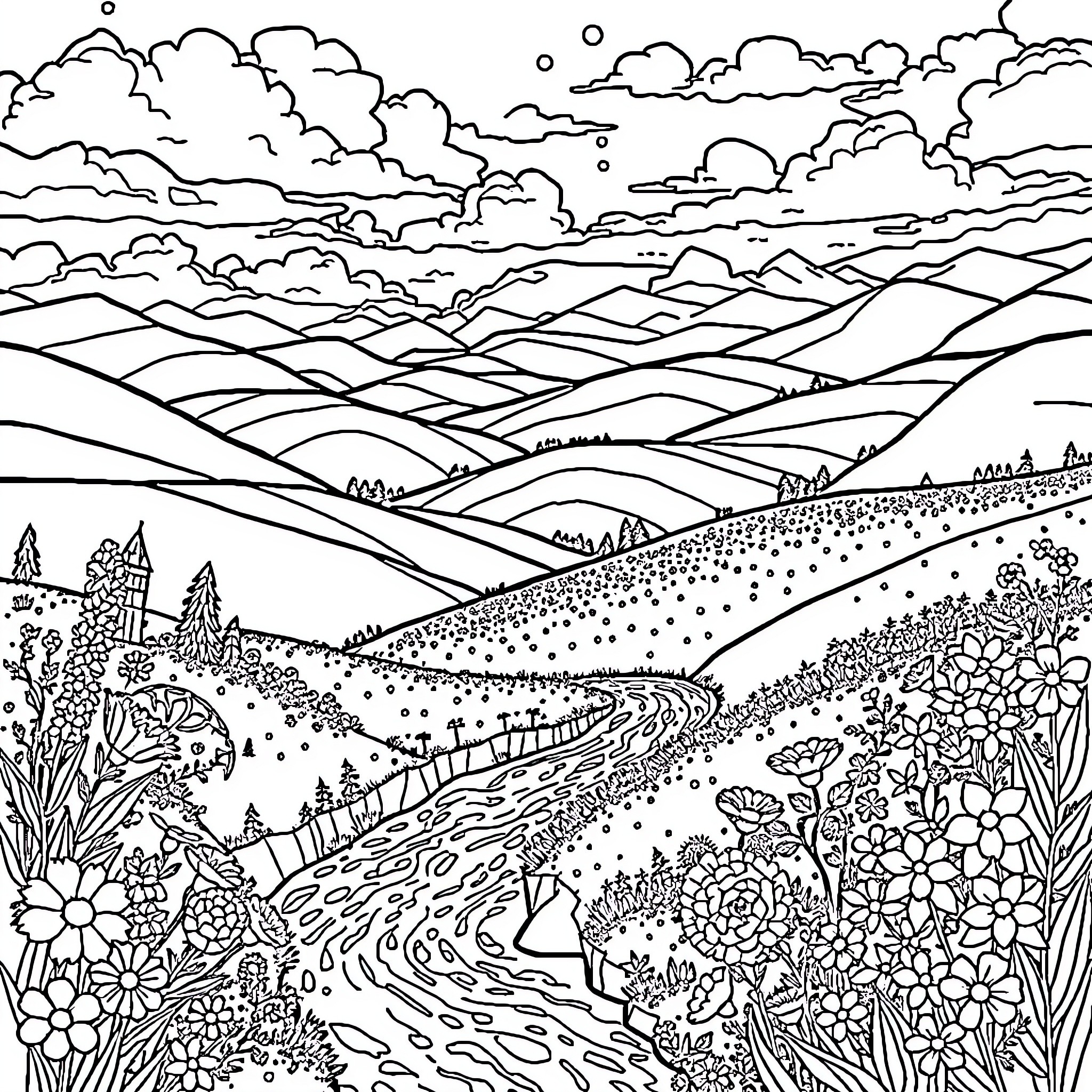 Fairytale landscape with winding path and blooming flowers Coloring Page (free black-and-white line drawing printable PDF for all, from beginners to advanced learners, including children, teens, adults, and seniors)