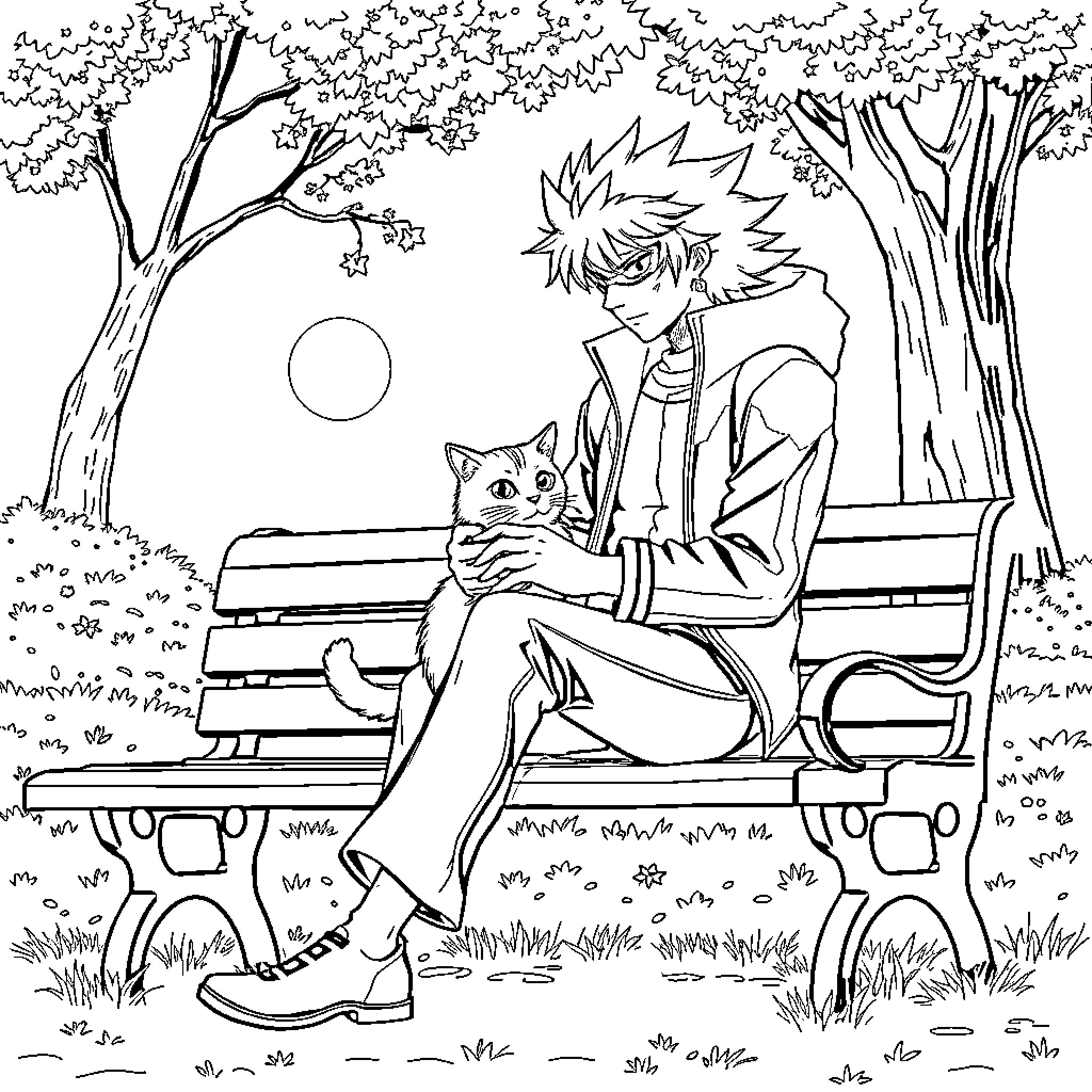 Minato Namikaze enjoying a peaceful moment with a cat Coloring Page (free black-and-white line drawing printable PDF for all, from beginners to advanced learners, including children, teens, adults, and seniors)