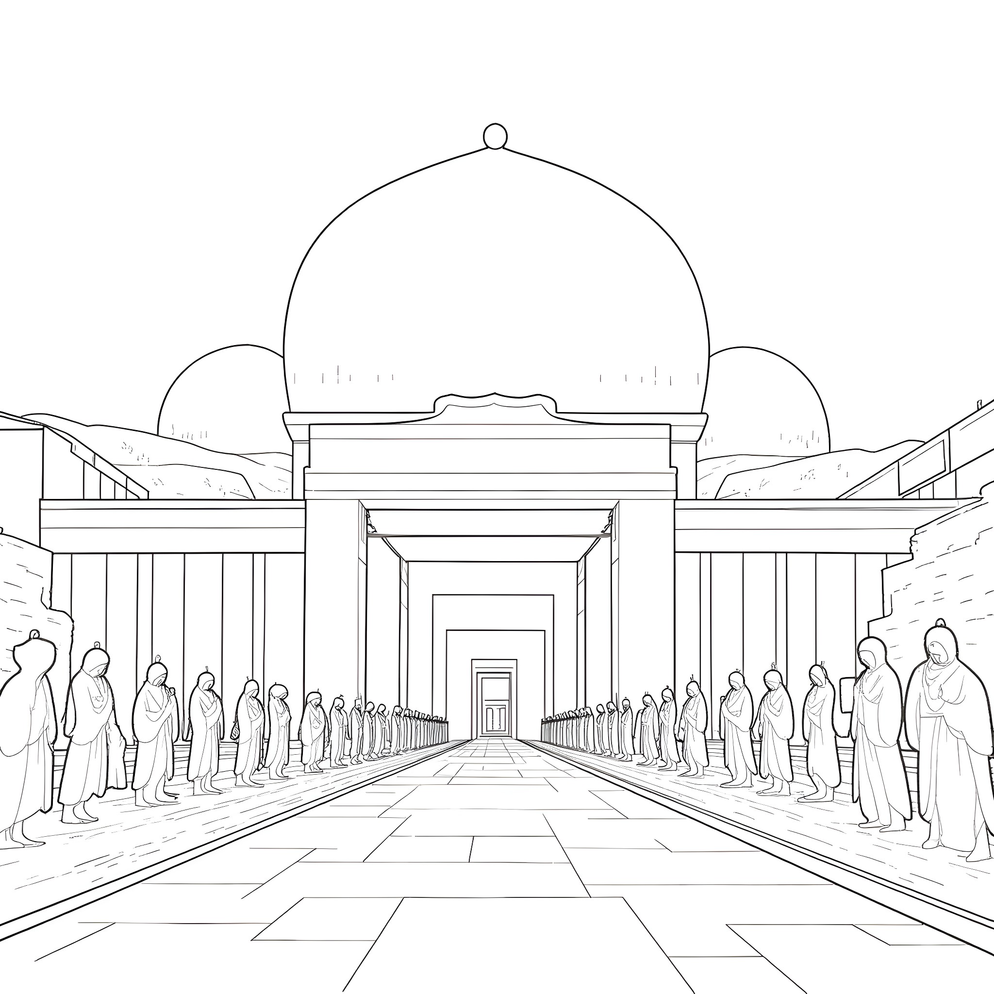 Persepolis: Majestic Architectural Grandeur Coloring Page (free black-and-white line drawing printable PDF for all, from beginners to advanced learners, including children, teens, adults, and seniors)