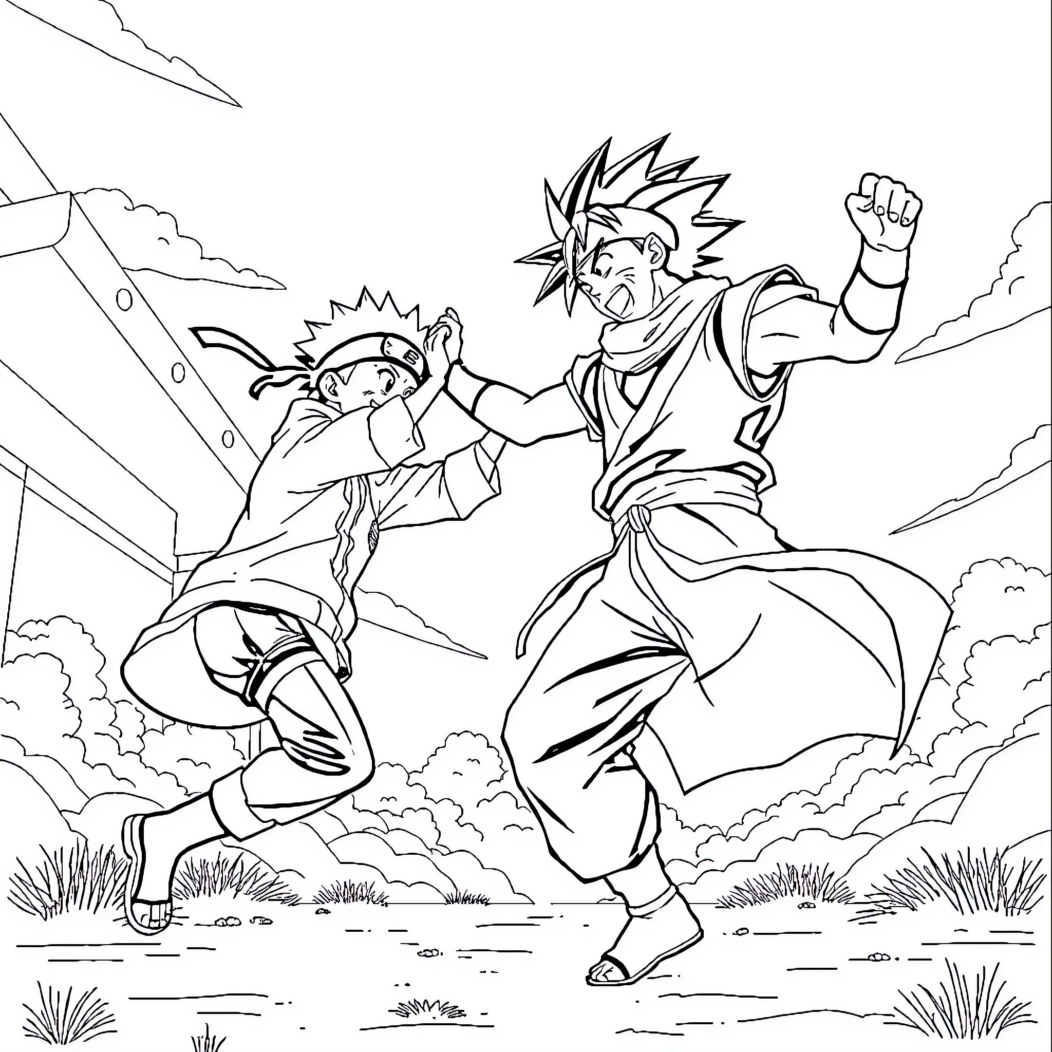 Naruto characters engaged in intense battle Coloring Page (free black-and-white line drawing printable PDF for all, from beginners to advanced learners, including children, teens, adults, and seniors)