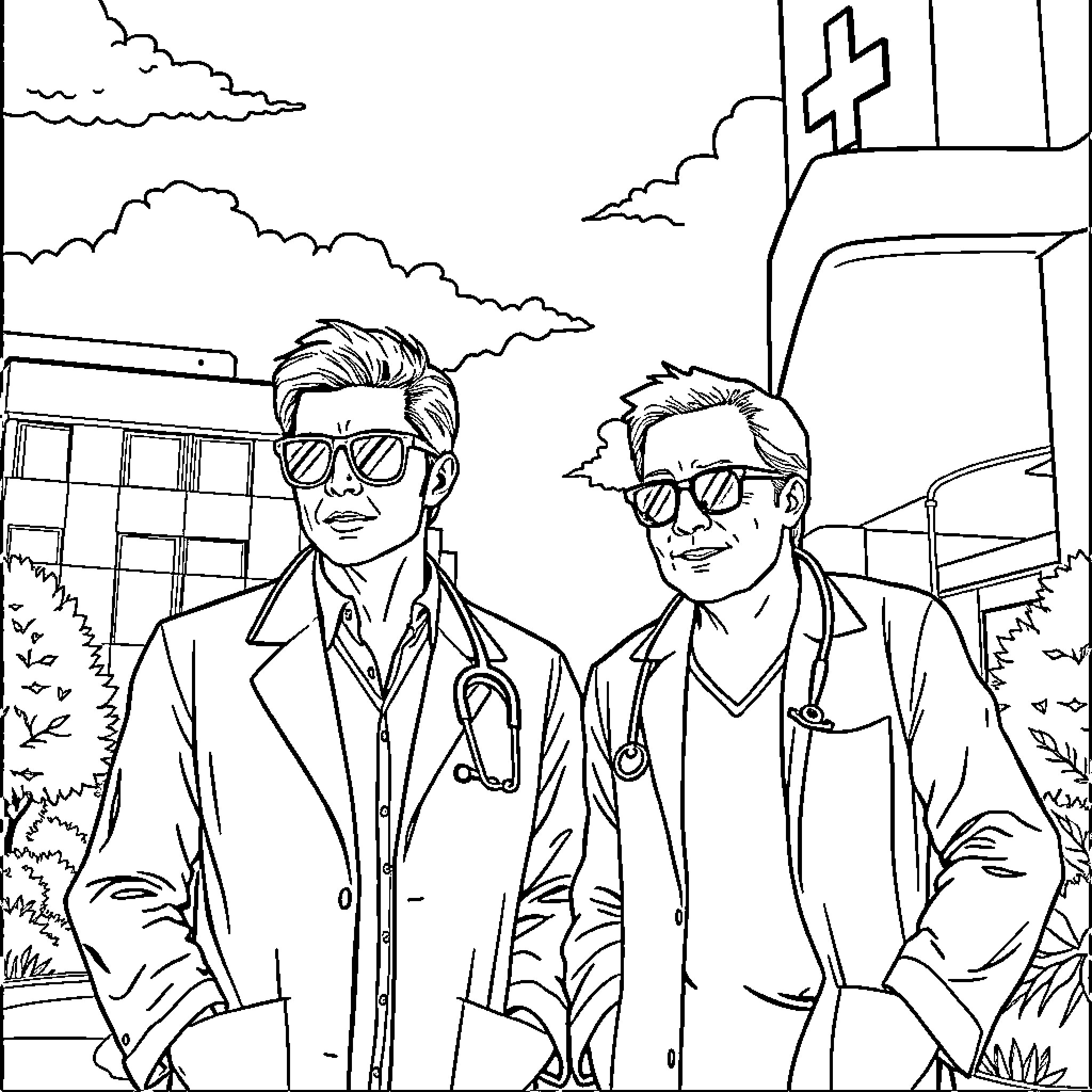 Doctors Standing Confidently at Medical Facility Coloring Page (free black-and-white line drawing printable PDF for all, from beginners to advanced learners, including children, teens, adults, and seniors)