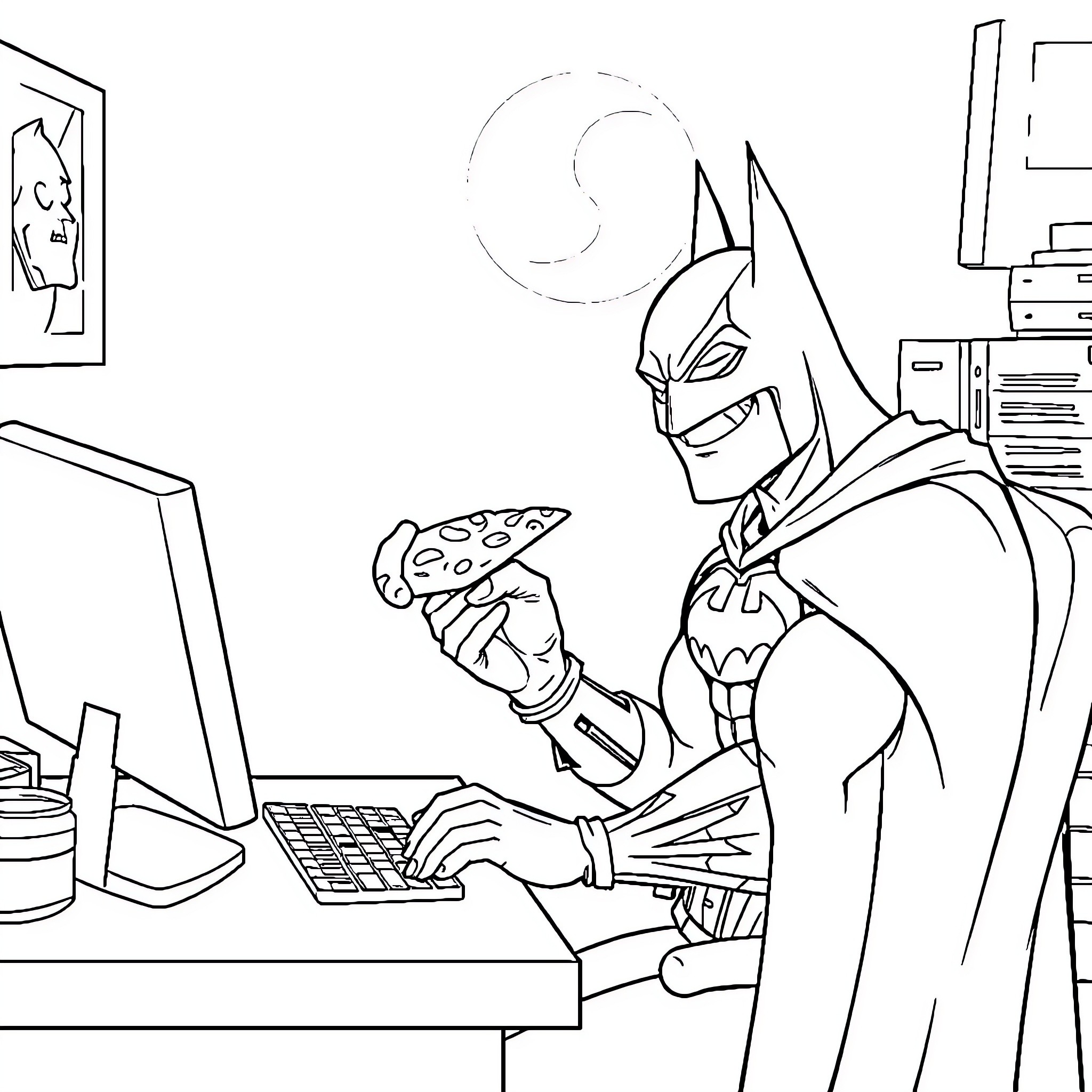 Batman working diligently on computer in the Batcave Coloring Page (free black-and-white line drawing printable PDF for all, from beginners to advanced learners, including children, teens, adults, and seniors)