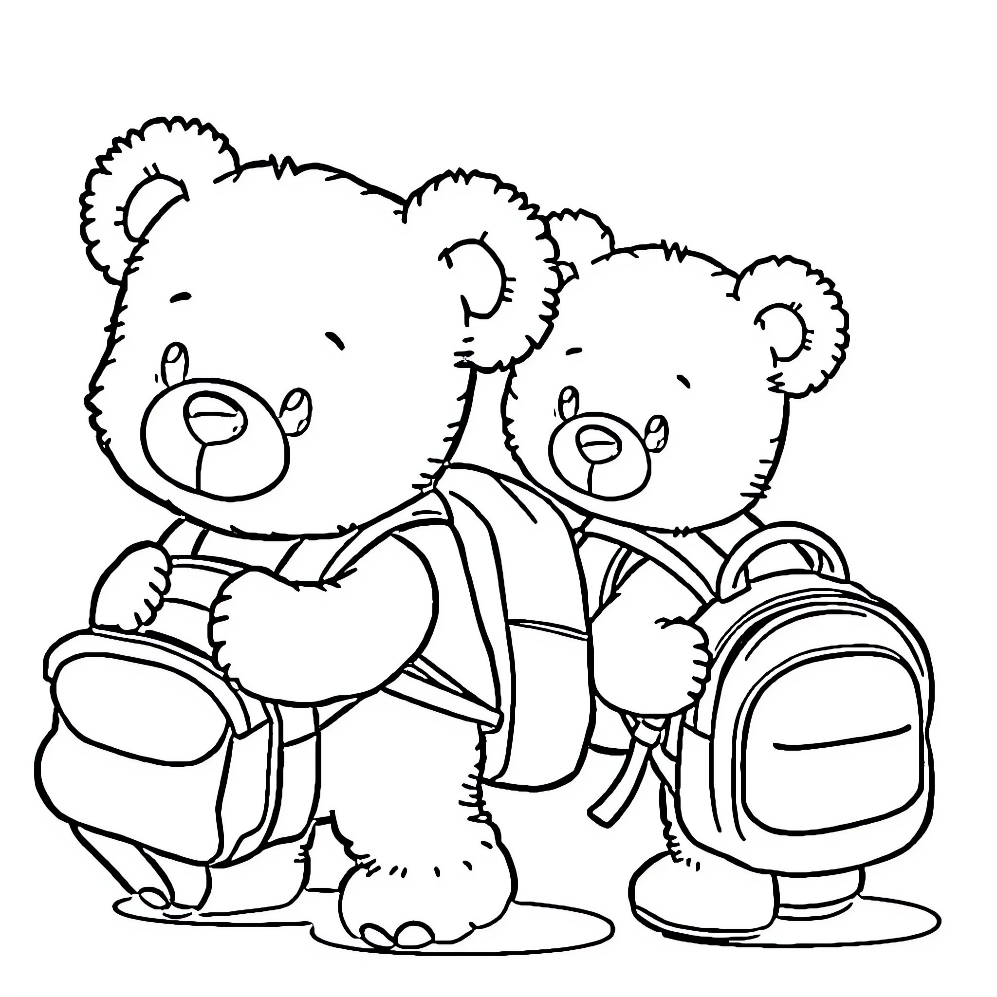 Teddy Bears Ready for School Coloring Page (free black-and-white line drawing printable PDF for all, from beginners to advanced learners, including children, teens, adults, and seniors)