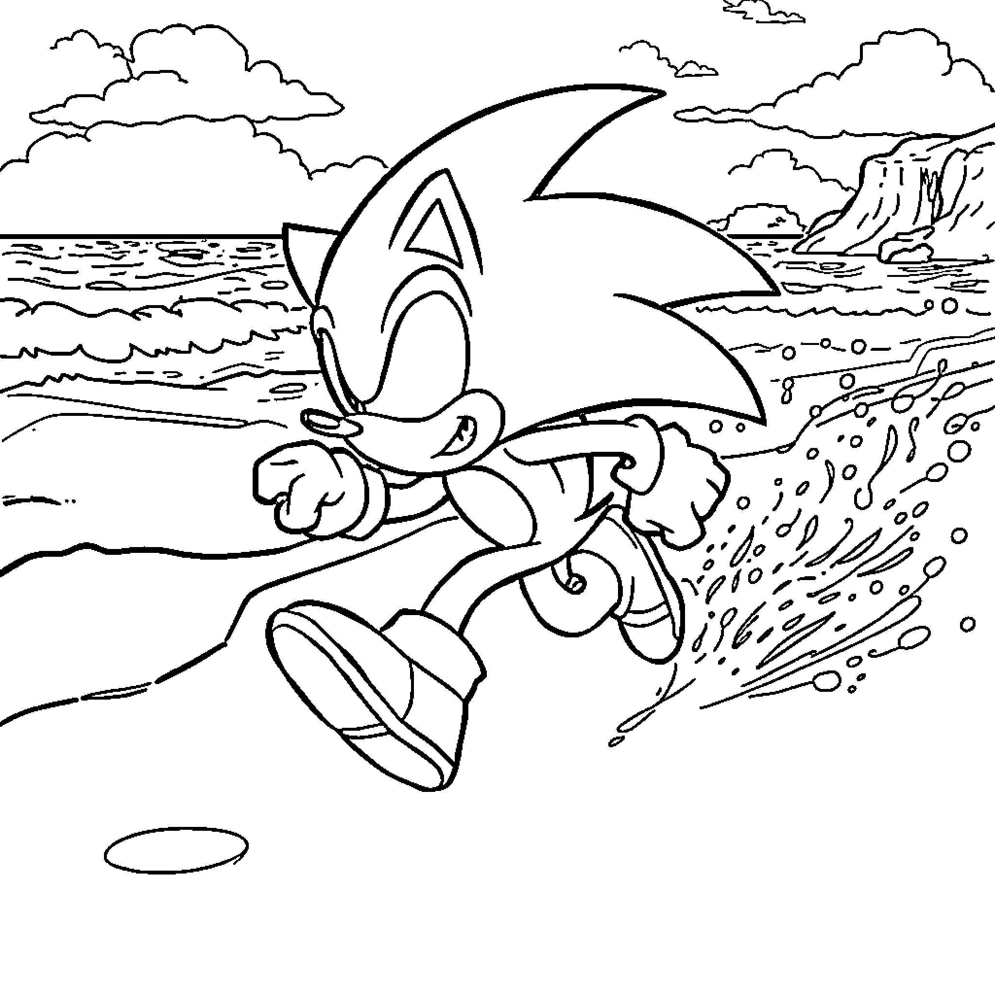 Sonic dashing through a scenic coastal landscape Coloring Page (free black-and-white line drawing printable PDF for all, from beginners to advanced learners, including children, teens, adults, and seniors)