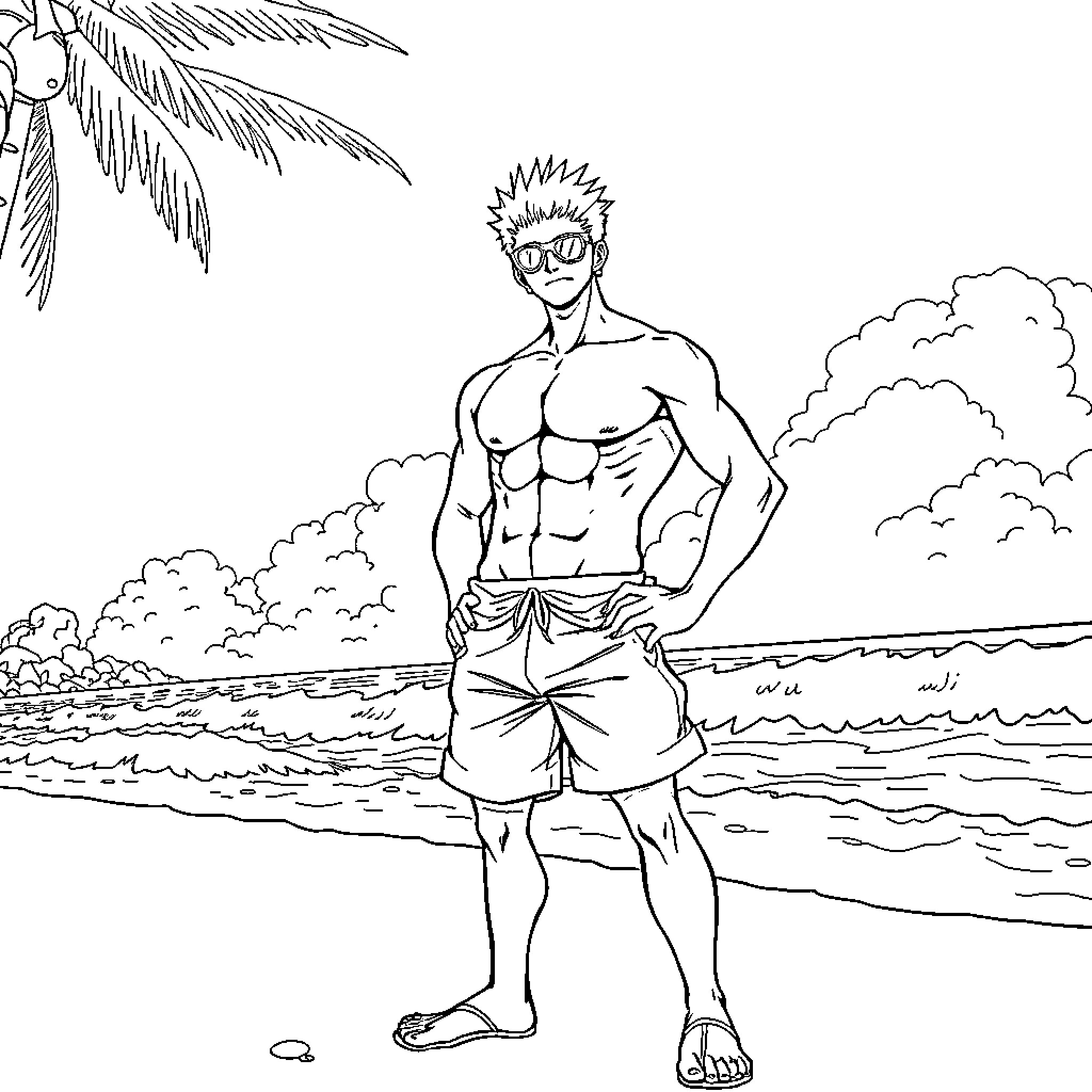 Roronoa Zoro standing confidently on the beach Coloring Page (free black-and-white line drawing printable PDF for all, from beginners to advanced learners, including children, teens, adults, and seniors)