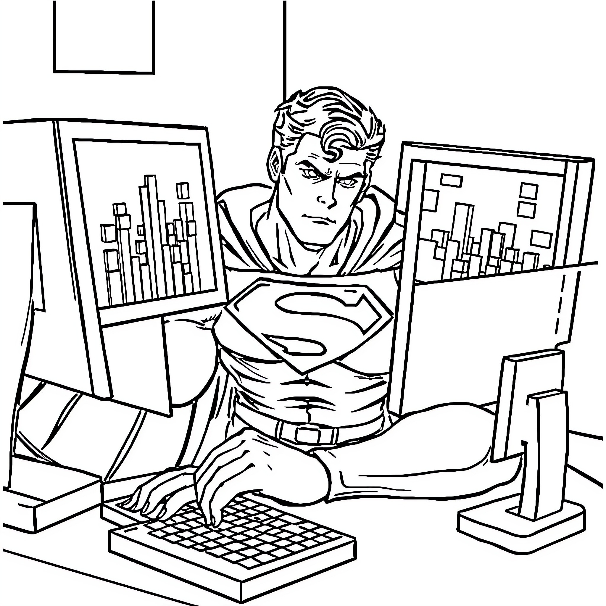 Superman working diligently on computer analytics Coloring Page (free black-and-white line drawing printable PDF for all, from beginners to advanced learners, including children, teens, adults, and seniors)