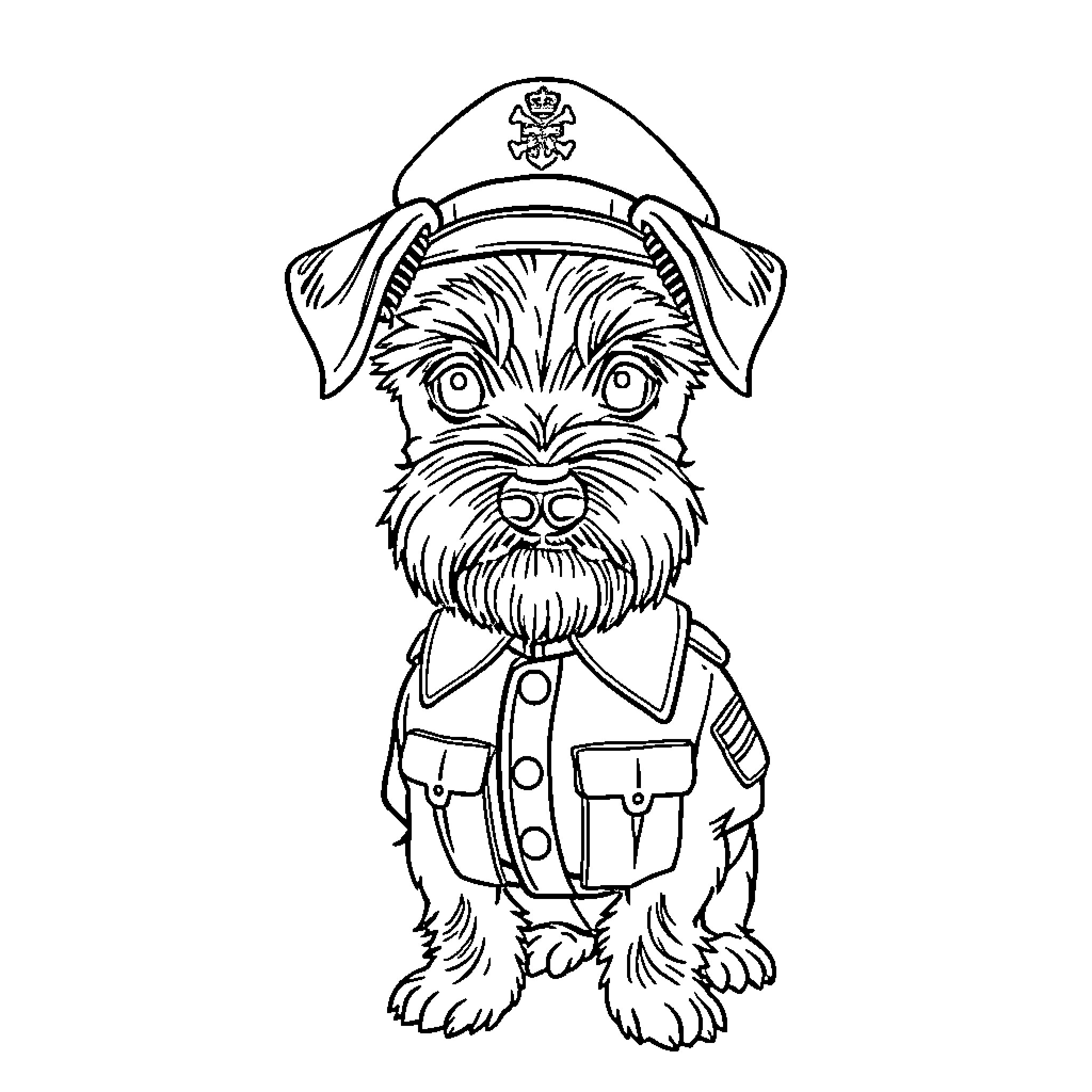 Schnauzer in Police Uniform Coloring Page (free black-and-white line drawing printable PDF for all, from beginners to advanced learners, including children, teens, adults, and seniors)