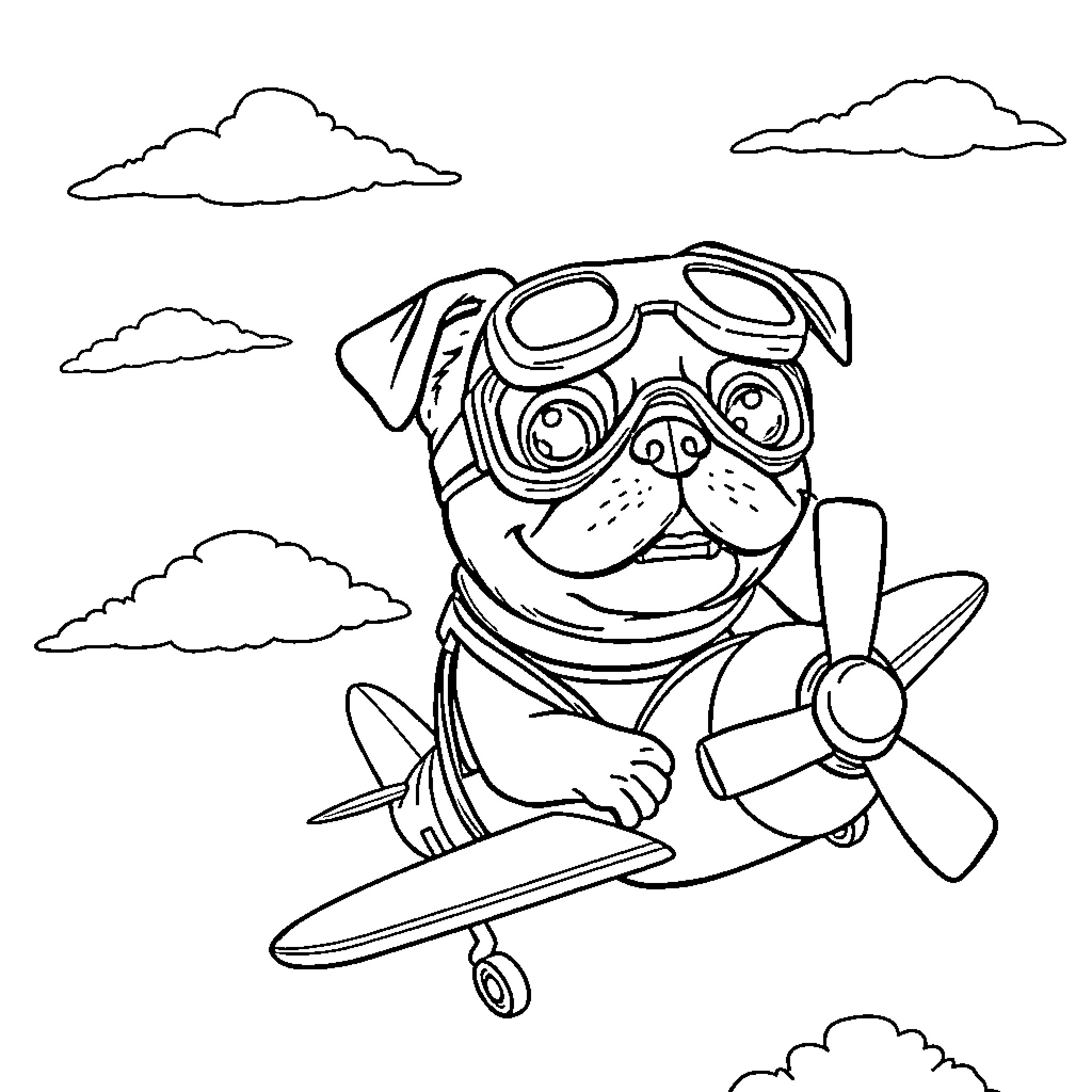 Pug Aviator Flying in the Clouds Coloring Page (free black-and-white line drawing printable PDF for all, from beginners to advanced learners, including children, teens, adults, and seniors)