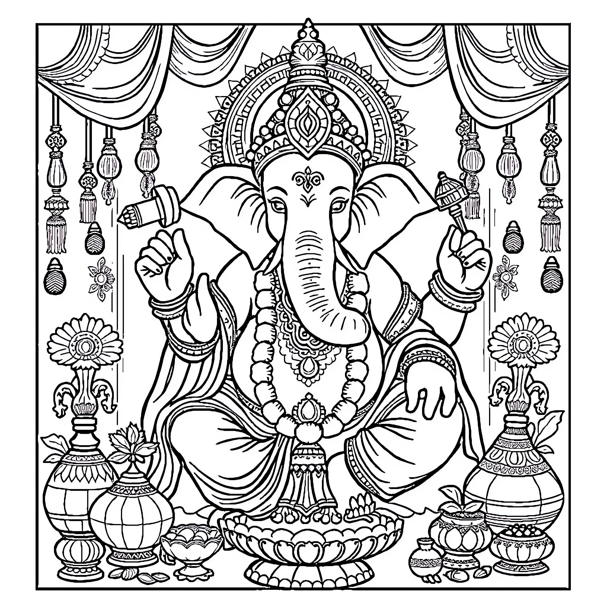Ganapati - The Elephant-Headed God in Ceremonial Attire Coloring Page (free black-and-white line drawing printable PDF for all, from beginners to advanced learners, including children, teens, adults, and seniors)