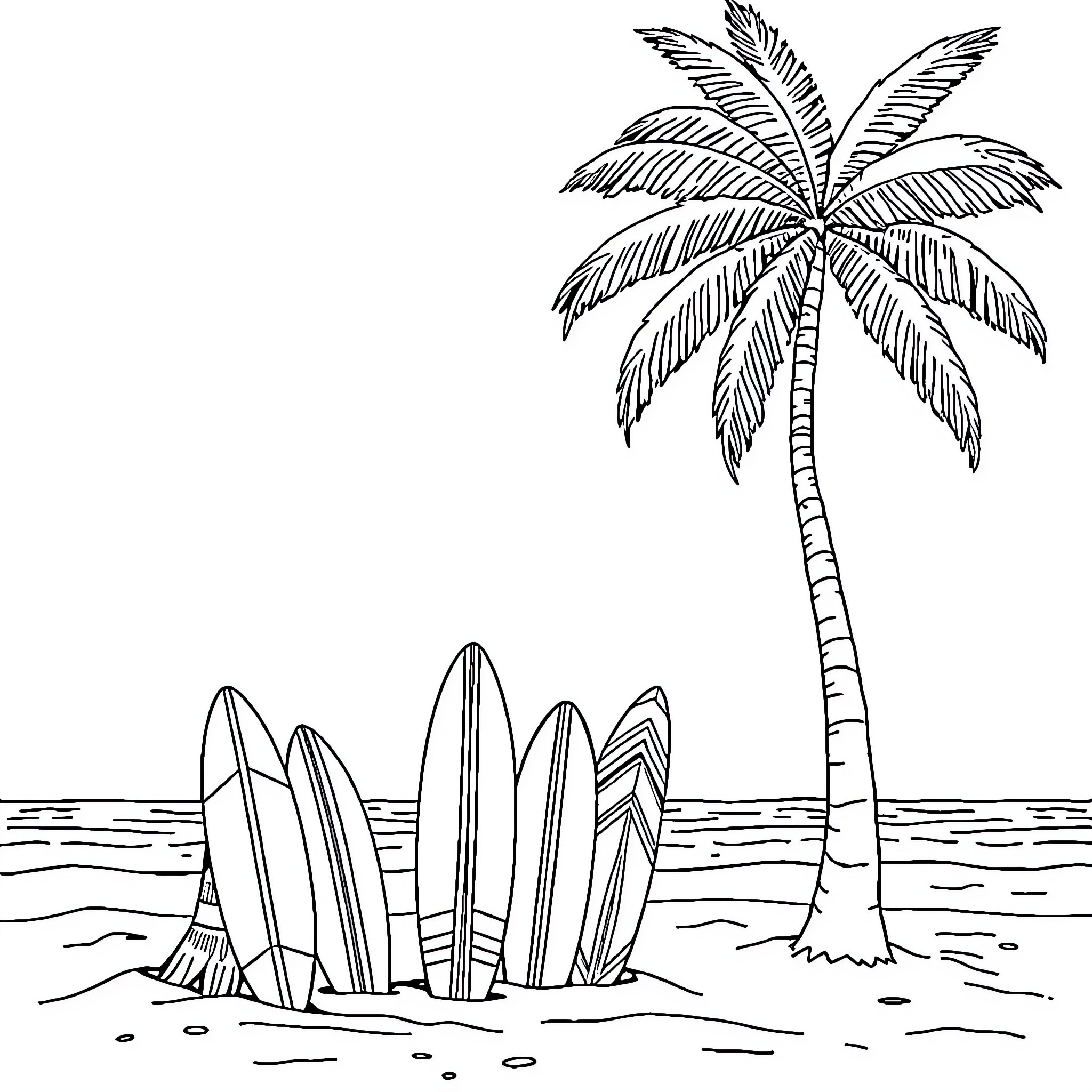 Surfboard scene with palm tree on the beach Coloring Page (free black-and-white line drawing printable PDF for all, from beginners to advanced learners, including children, teens, adults, and seniors)