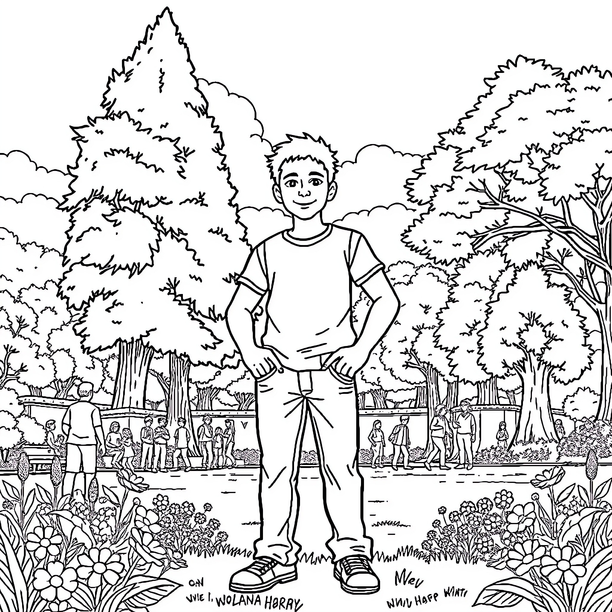Tyler exploring the lively outdoor scene Coloring Page (free black-and-white line drawing printable PDF for all, from beginners to advanced learners, including children, teens, adults, and seniors)