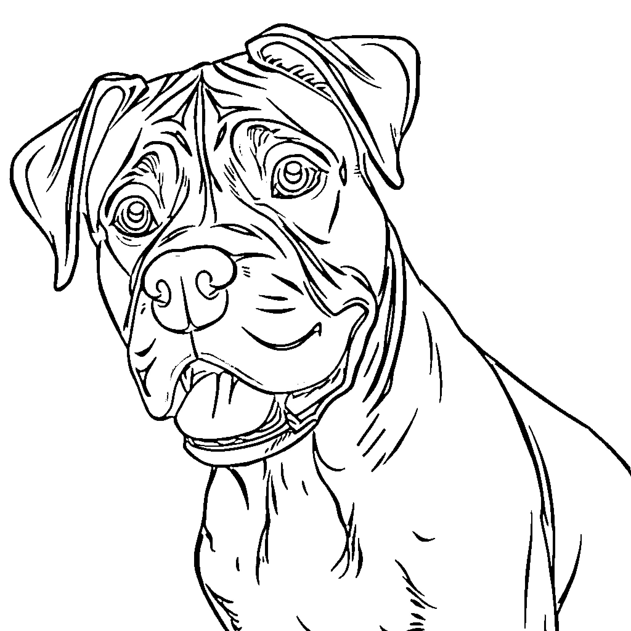 Boxer dog's happy and friendly expression Coloring Page (free black-and-white line drawing printable PDF for all, from beginners to advanced learners, including children, teens, adults, and seniors)