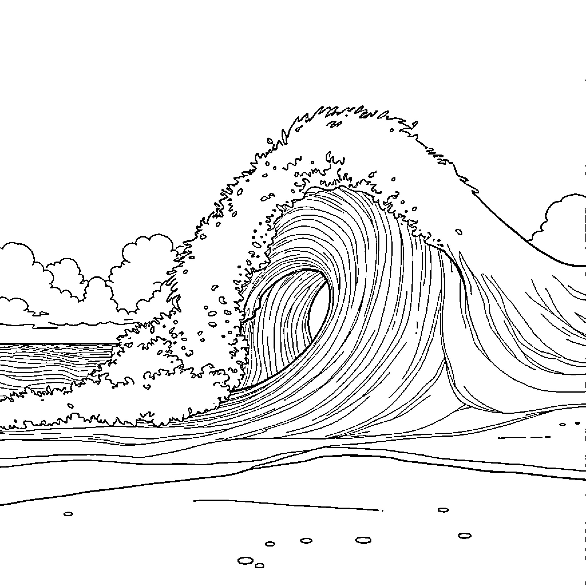 Wave of energy crashing over the horizon Coloring Page (free black-and-white line drawing printable PDF for all, from beginners to advanced learners, including children, teens, adults, and seniors)
