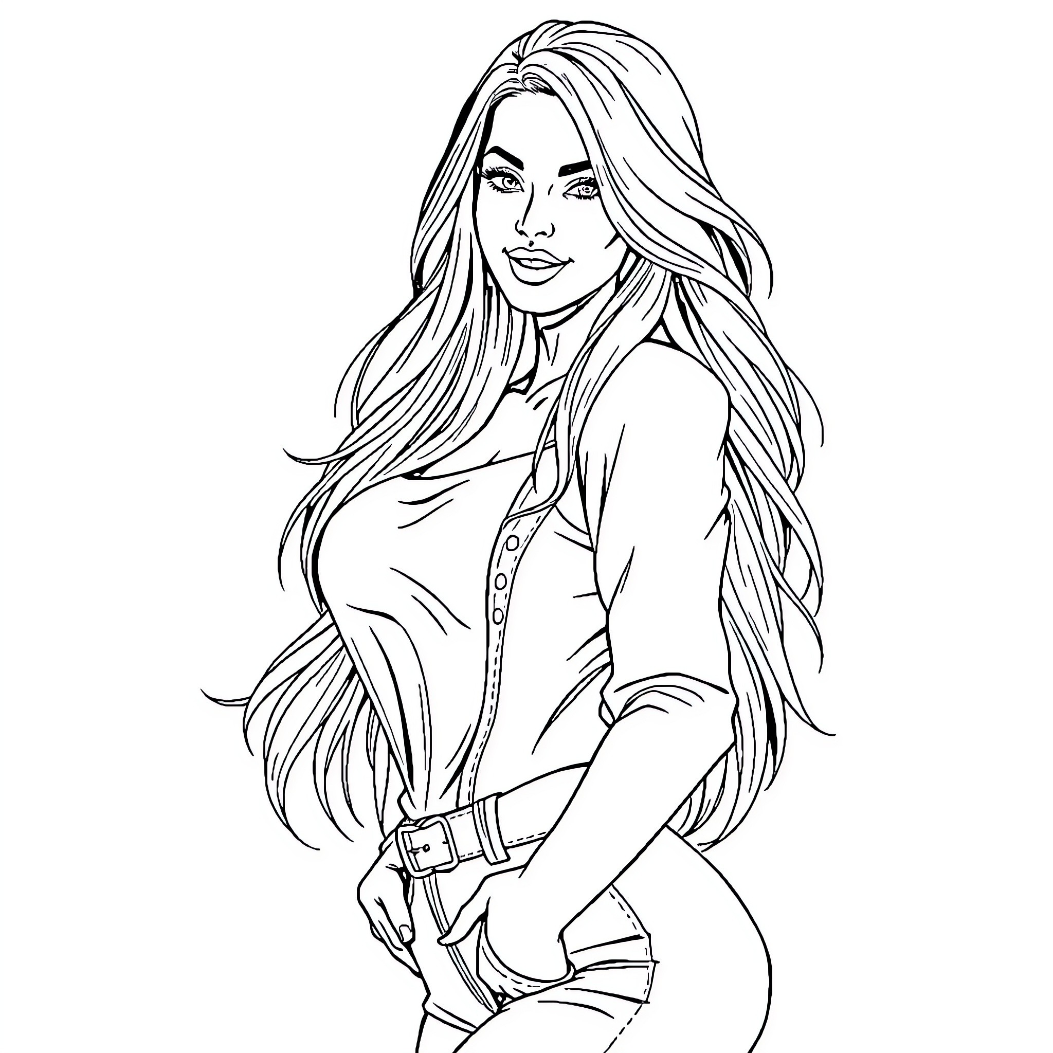 Girl with long flowing hair posing confidently Coloring Page (free black-and-white line drawing printable PDF for all, from beginners to advanced learners, including children, teens, adults, and seniors)