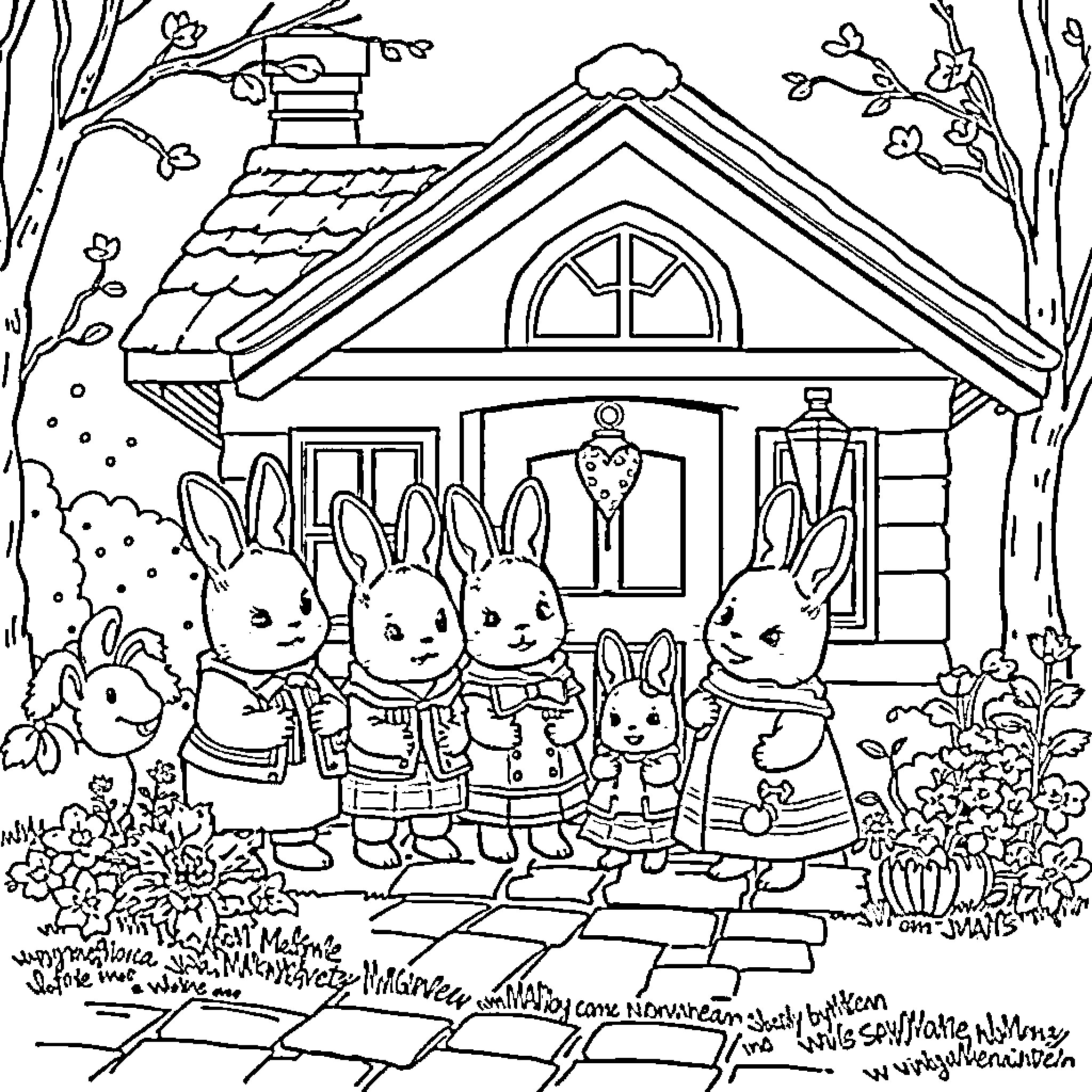 Sylvanian Family enjoying outdoor activities around a cozy cabin Coloring Page (free black-and-white line drawing printable PDF for all, from beginners to advanced learners, including children, teens, adults, and seniors)