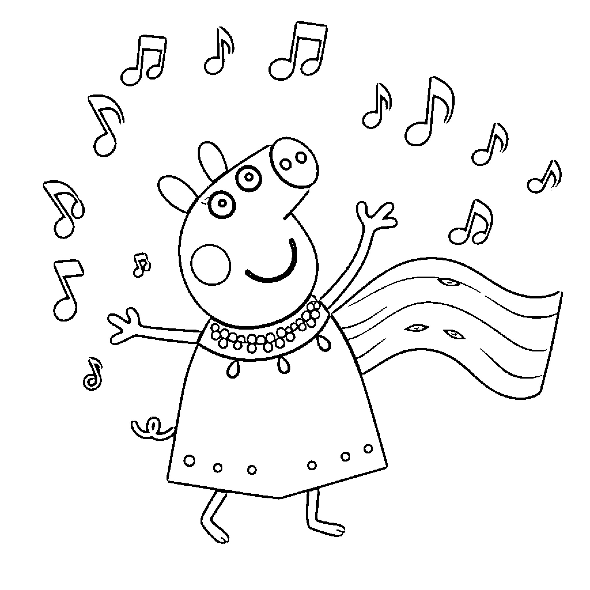 Peppa Pig singing and dancing with musical notes Coloring Page (free black-and-white line drawing printable PDF for all, from beginners to advanced learners, including children, teens, adults, and seniors)