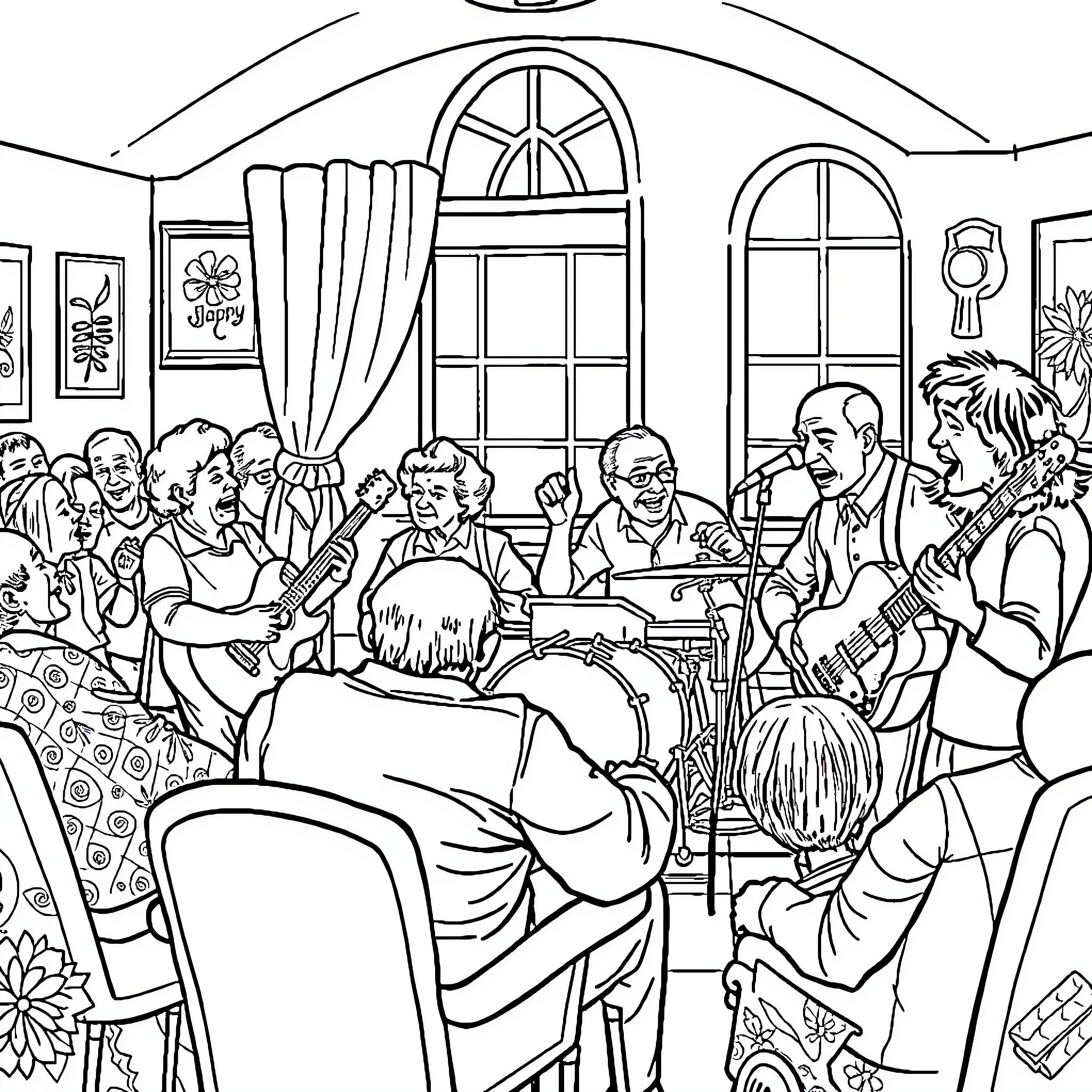 Rock Band Performing at Lively Party Coloring Page (free black-and-white line drawing printable PDF for all, from beginners to advanced learners, including children, teens, adults, and seniors)
