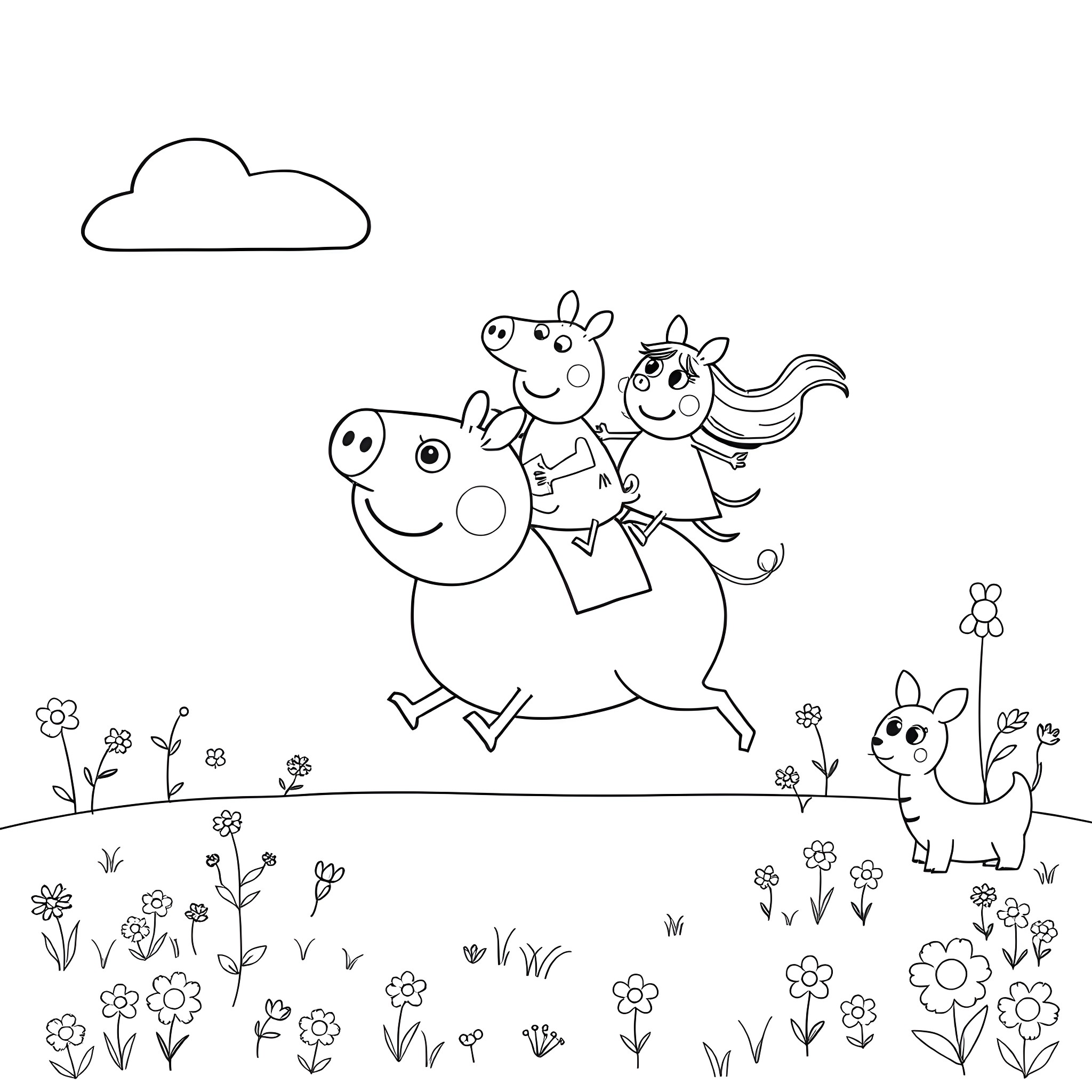 Bluey and friends on a playful adventure Coloring Page (free black-and-white line drawing printable PDF for all, from beginners to advanced learners, including children, teens, adults, and seniors)