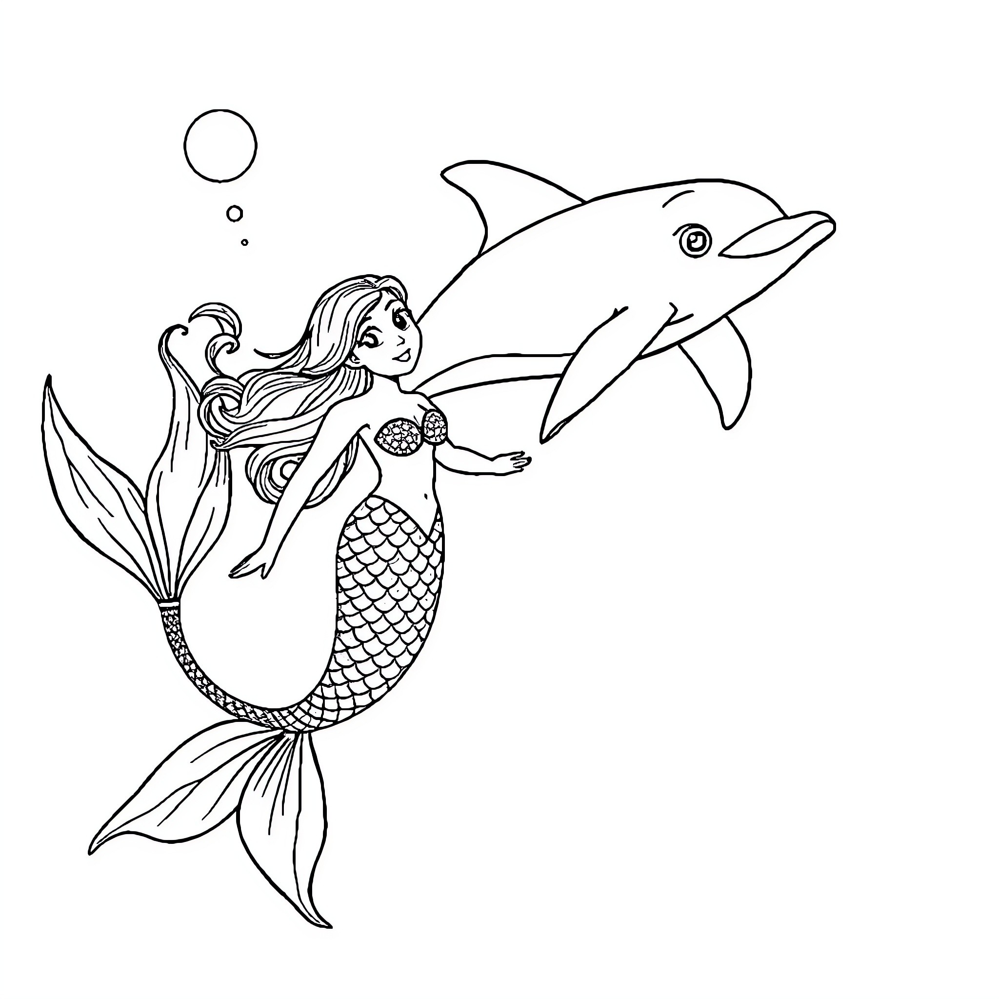 Mermaid swimming with friendly dolphin Coloring Page (free black-and-white line drawing printable PDF for all, from beginners to advanced learners, including children, teens, adults, and seniors)