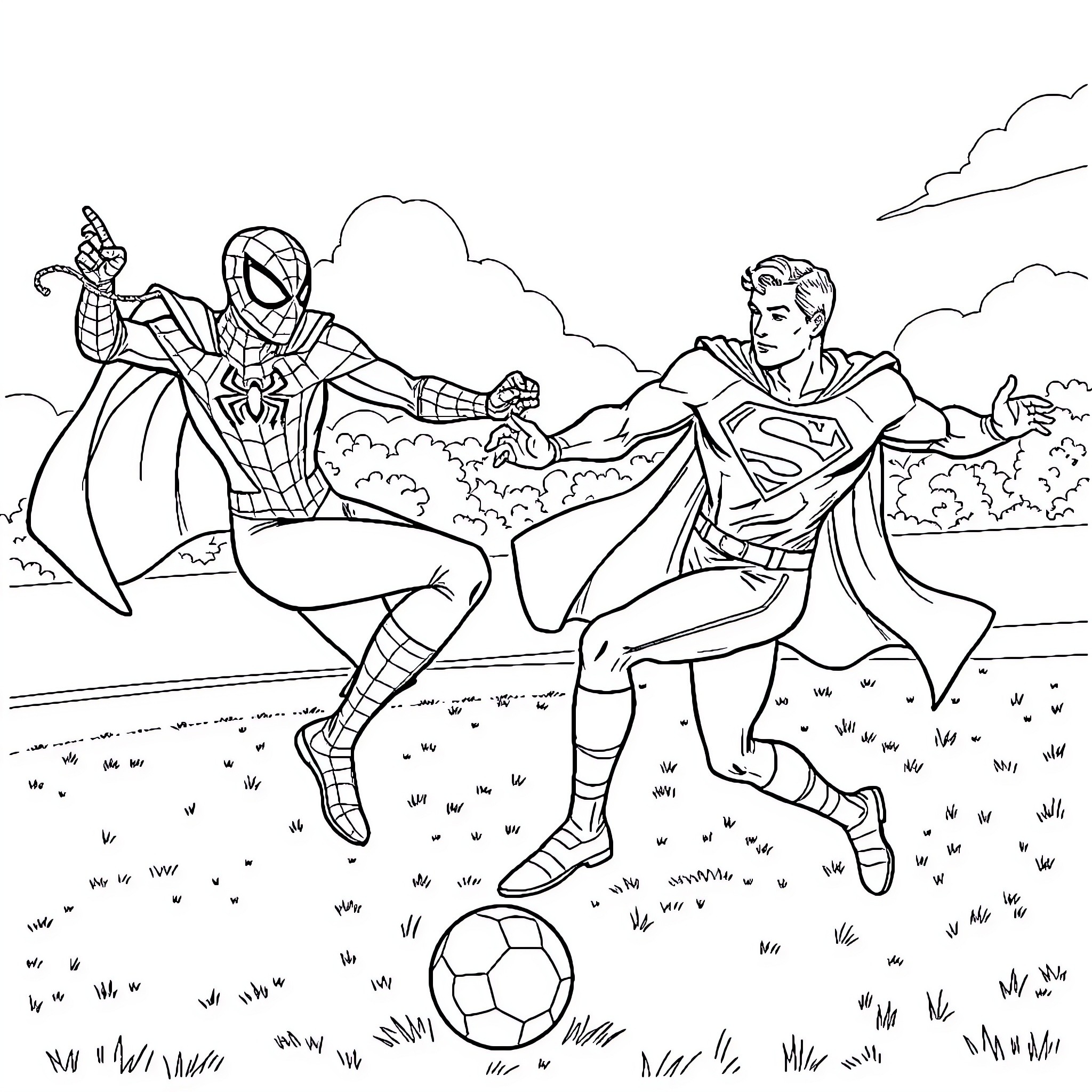 Spider-Man battles Superman in the field Coloring Page (free black-and-white line drawing printable PDF for all, from beginners to advanced learners, including children, teens, adults, and seniors)