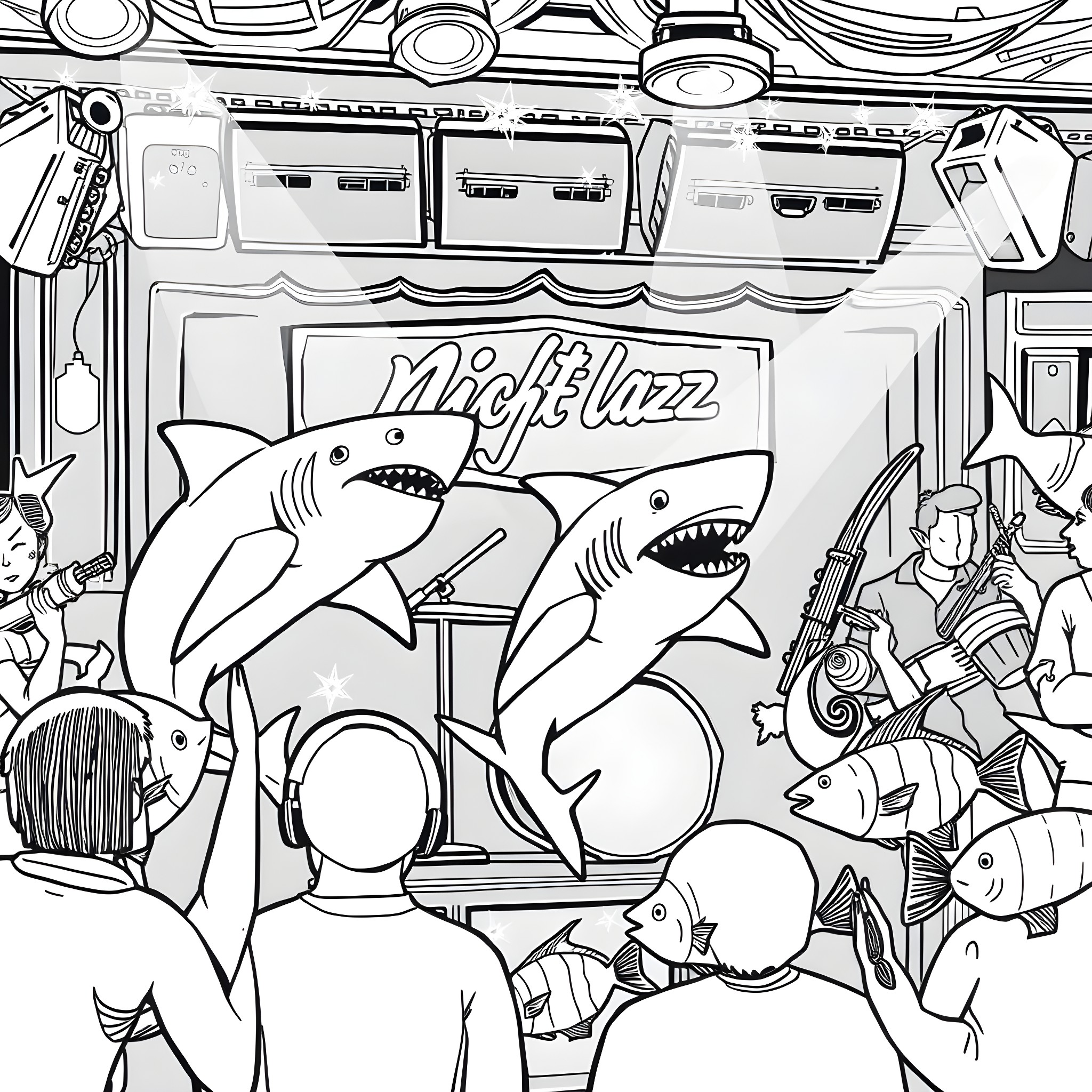 Shark band performing on stage Coloring Page (free black-and-white line drawing printable PDF for all, from beginners to advanced learners, including children, teens, adults, and seniors)