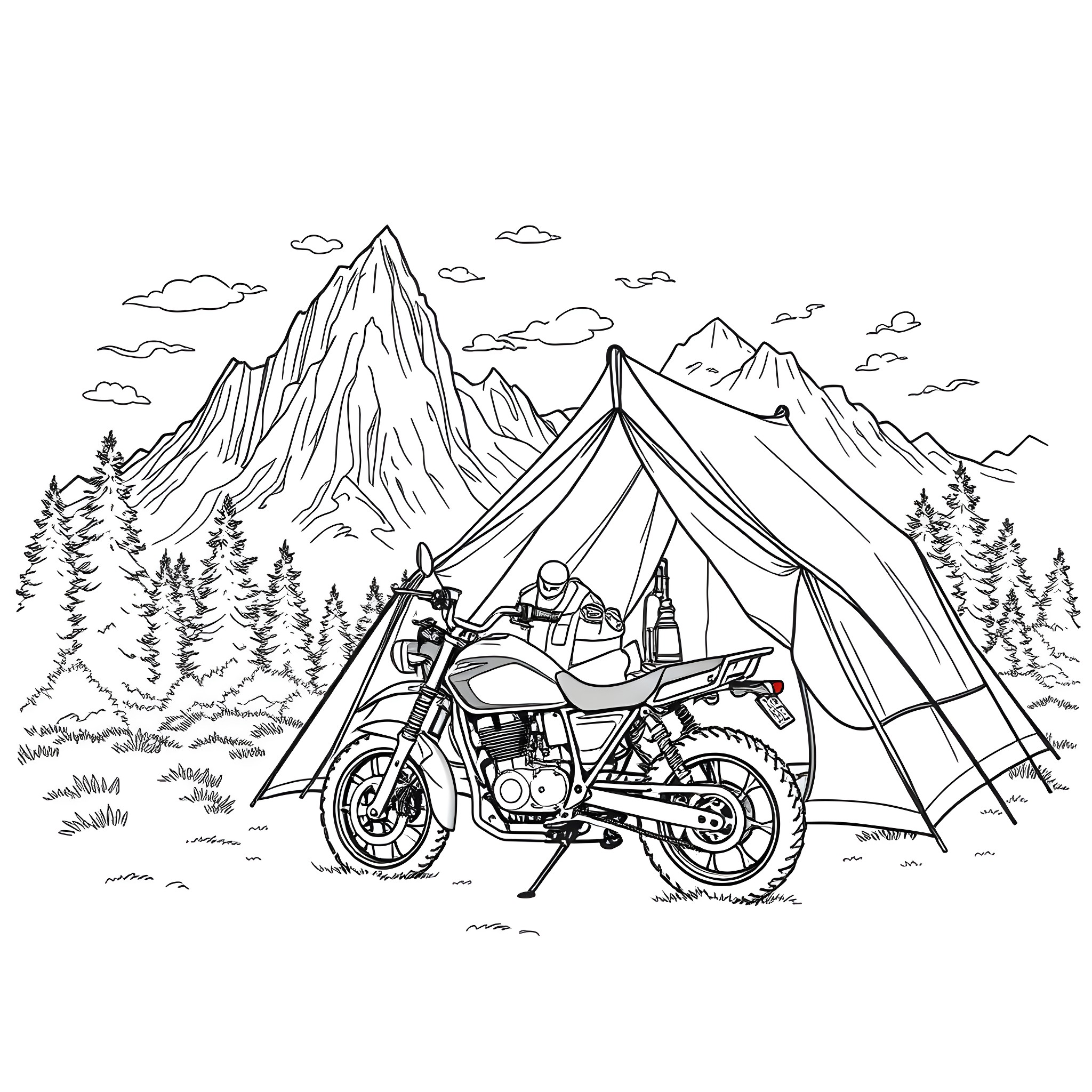 Motorcycle Adventure in the Mountains Coloring Page (free black-and-white line drawing printable PDF for all, from beginners to advanced learners, including children, teens, adults, and seniors)