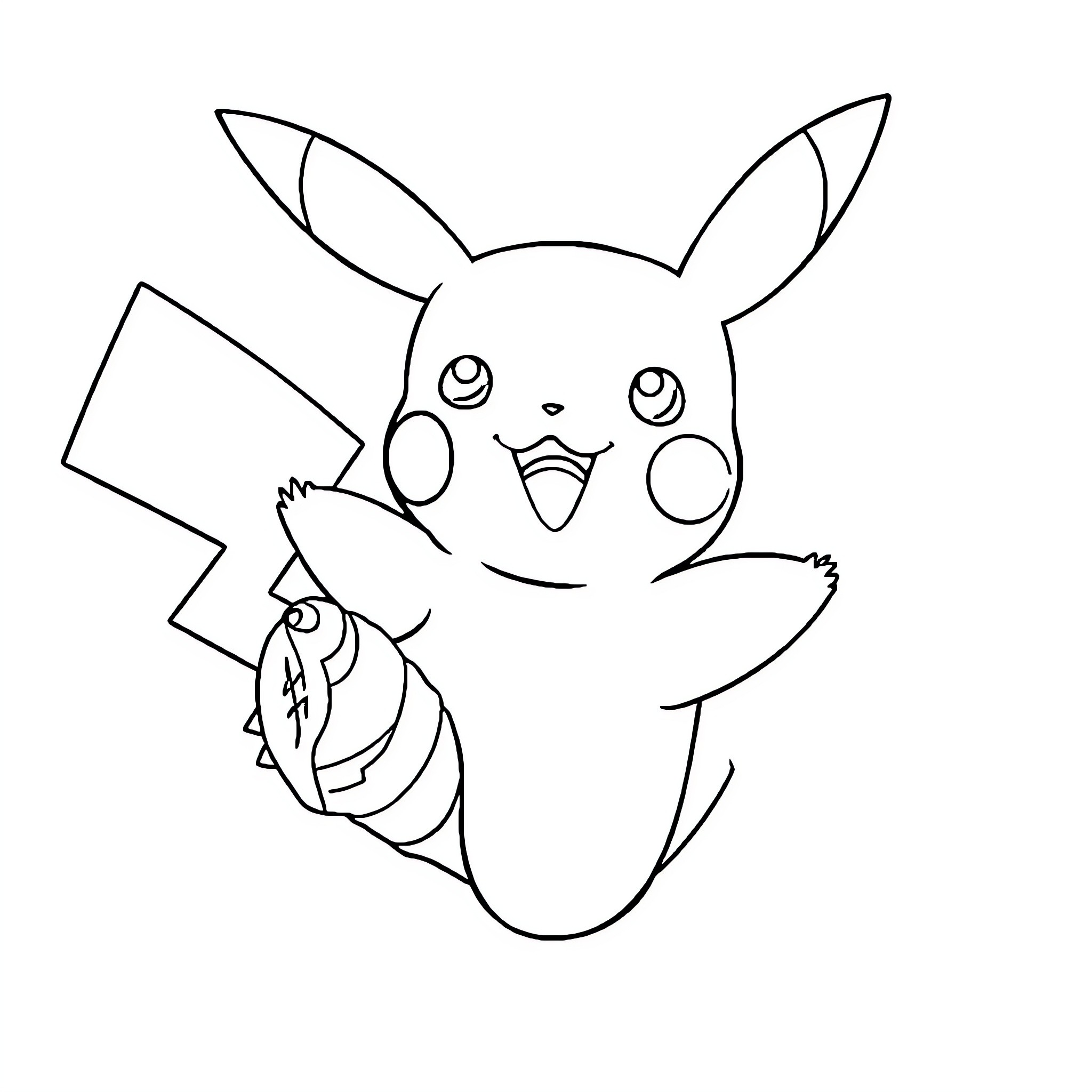 Pikachu in playful pose Coloring Page (free black-and-white line drawing printable PDF for all, from beginners to advanced learners, including children, teens, adults, and seniors)
