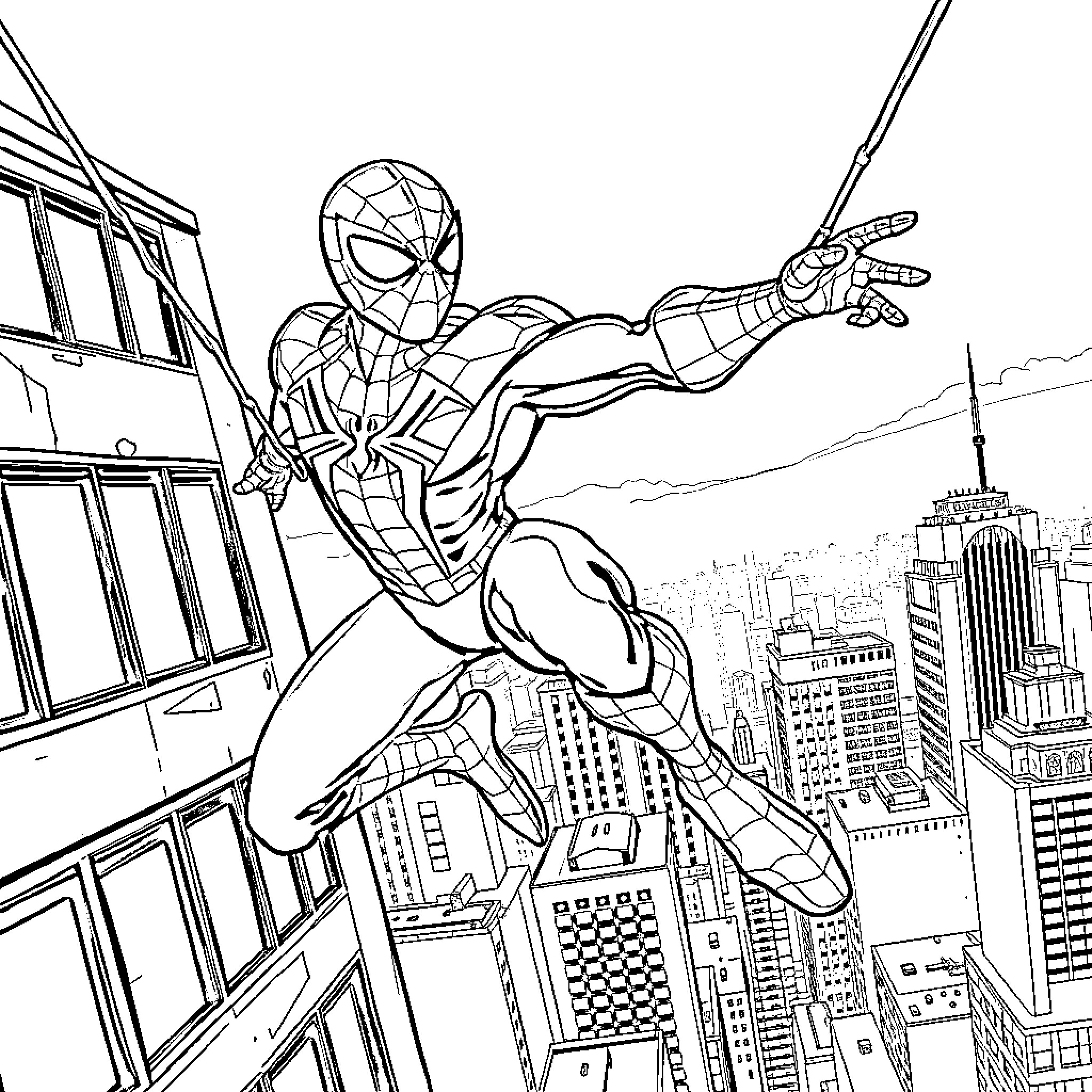Spiderman swinging through the city skyline Coloring Page (free black-and-white line drawing printable PDF for all, from beginners to advanced learners, including children, teens, adults, and seniors)