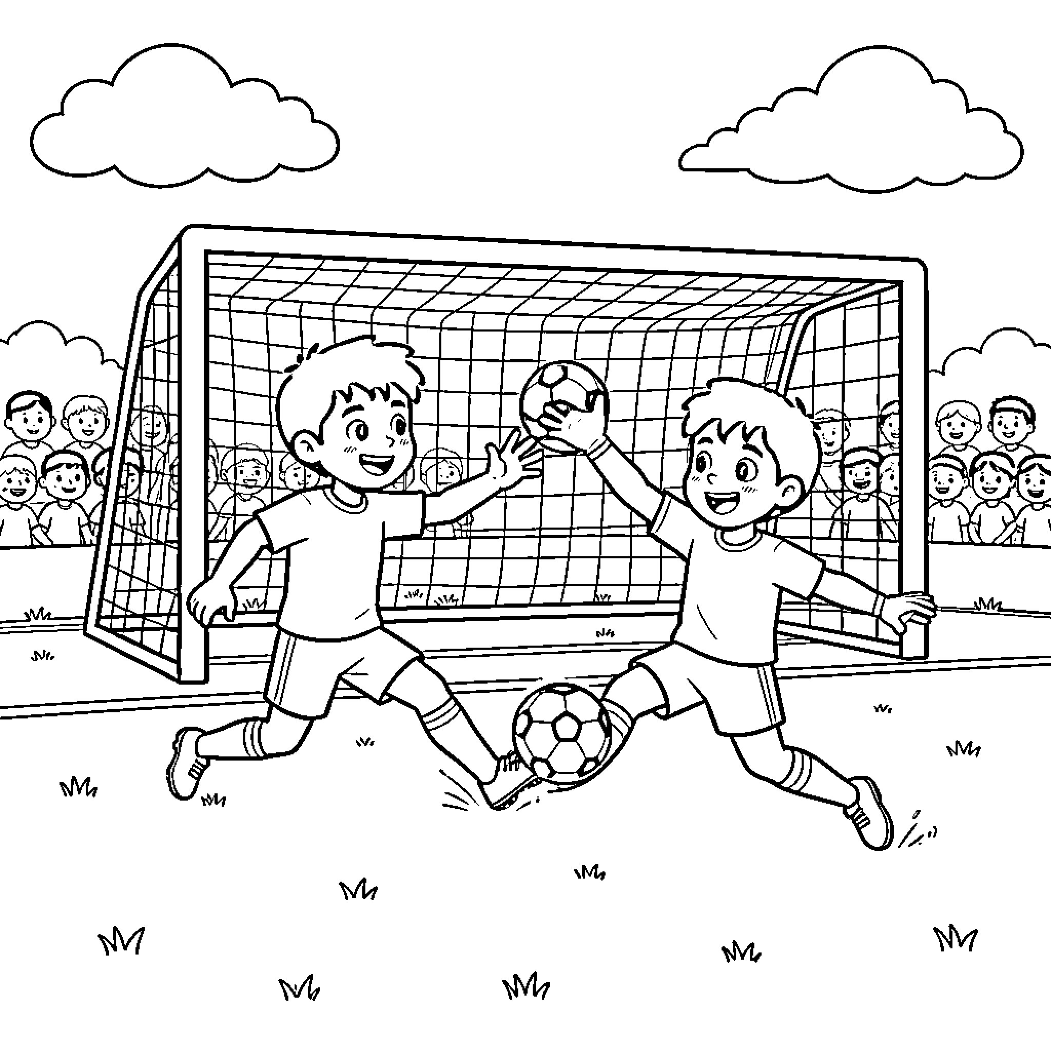 Soccer players competing for the ball near the goal Coloring Page (free black-and-white line drawing printable PDF for all, from beginners to advanced learners, including children, teens, adults, and seniors)