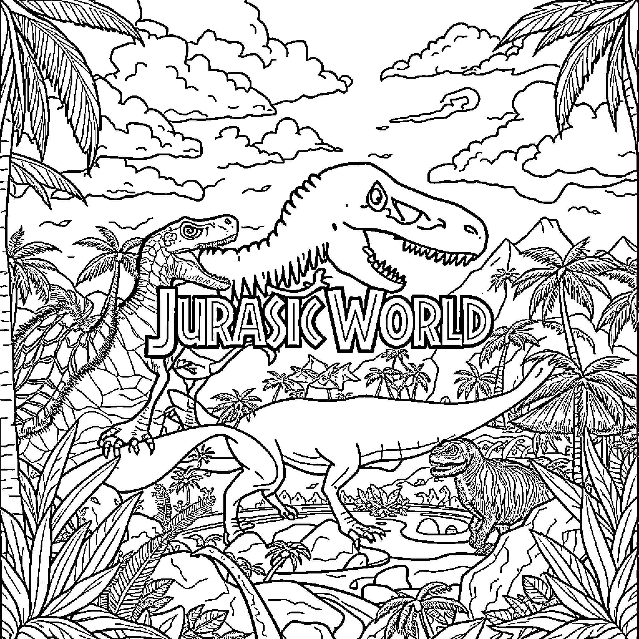 Jurassic World Dinosaurs in Lush Jungle Landscape Coloring Page (free black-and-white line drawing printable PDF for all, from beginners to advanced learners, including children, teens, adults, and seniors)