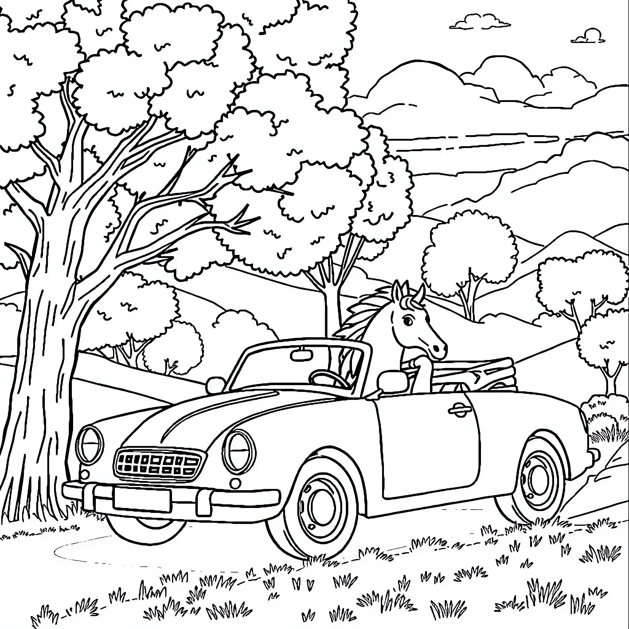 Car driving in nature with horse Coloring Page (free black-and-white line drawing printable PDF for all, from beginners to advanced learners, including children, teens, adults, and seniors)