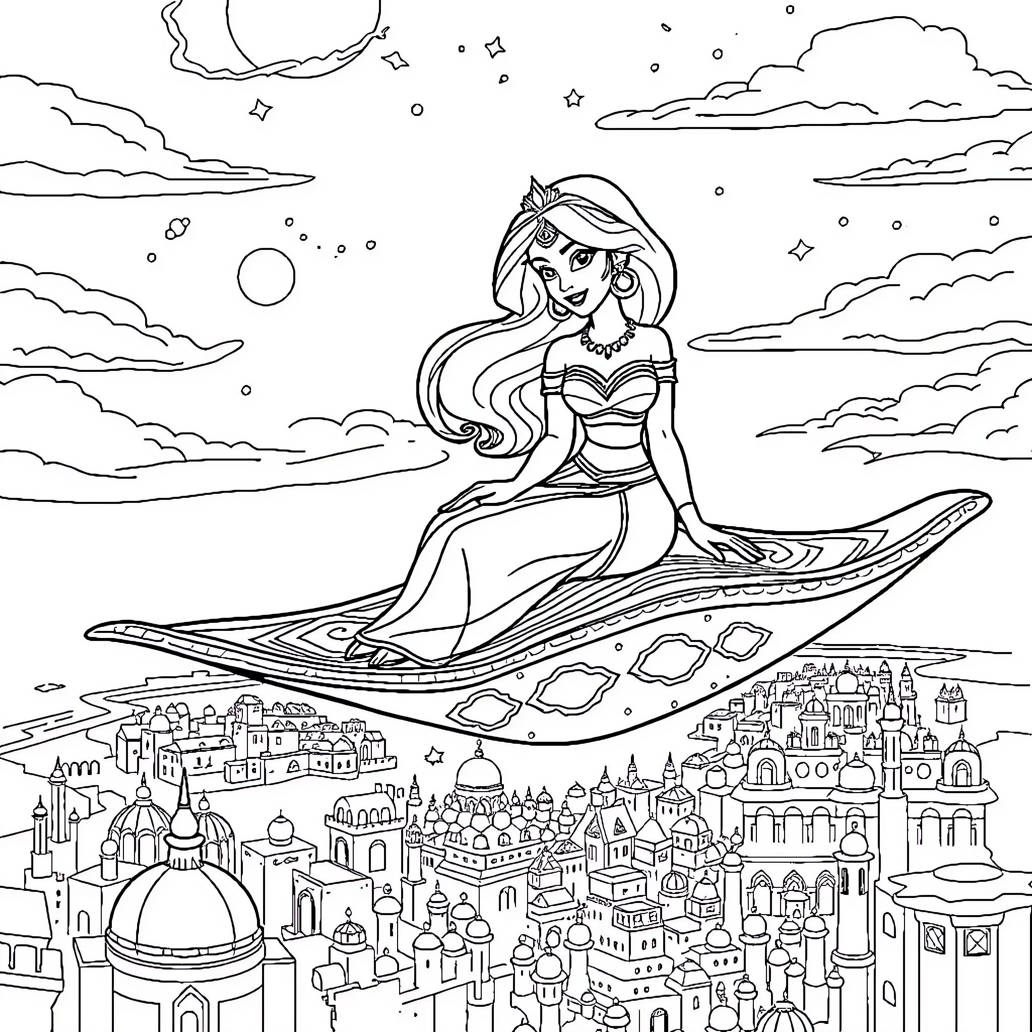 Princess Riding a Magic Carpet over Enchanted City Coloring Page (free black-and-white line drawing printable PDF for all, from beginners to advanced learners, including children, teens, adults, and seniors)