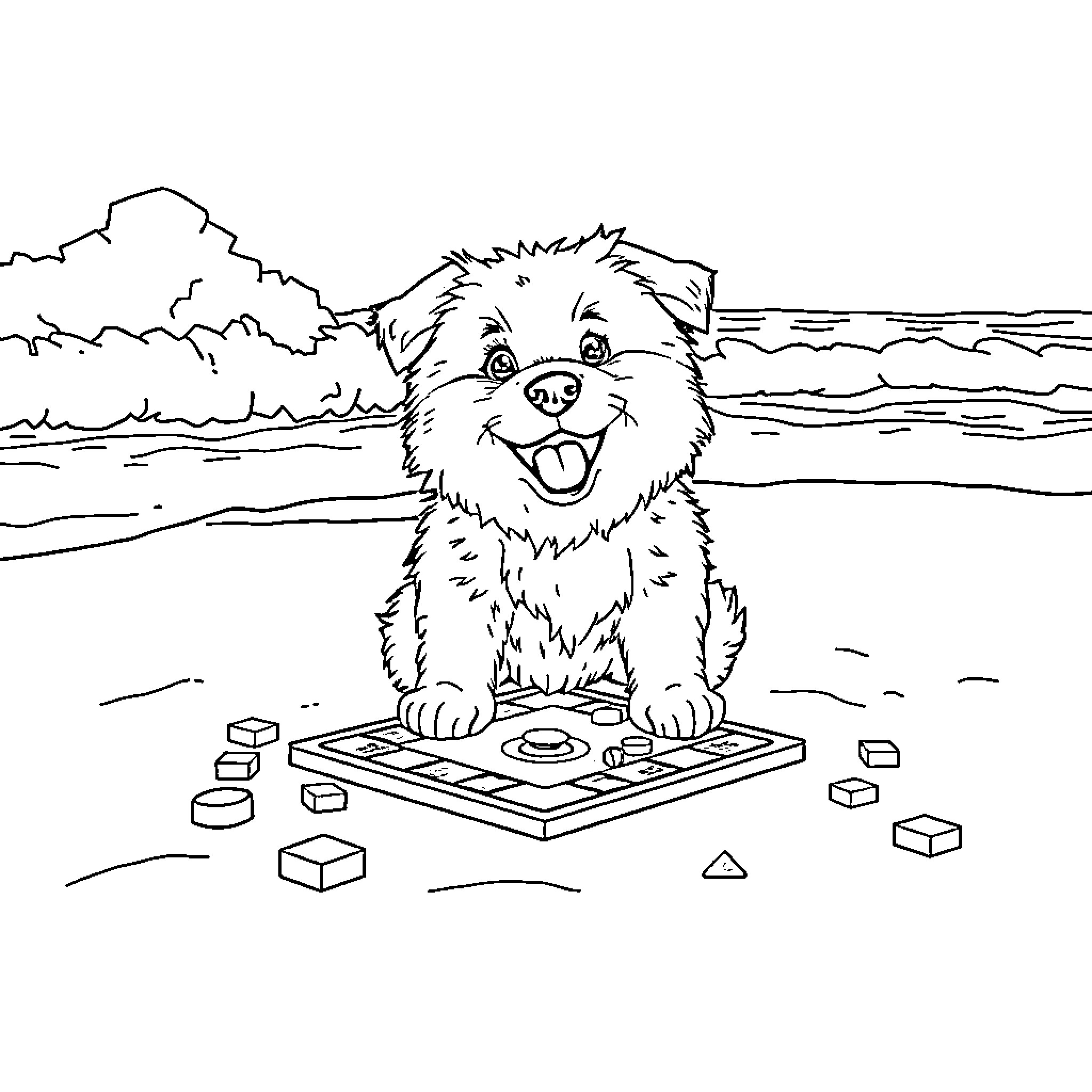 Dog playing happily with shapes by the beach Coloring Page (free black-and-white line drawing printable PDF for all, from beginners to advanced learners, including children, teens, adults, and seniors)