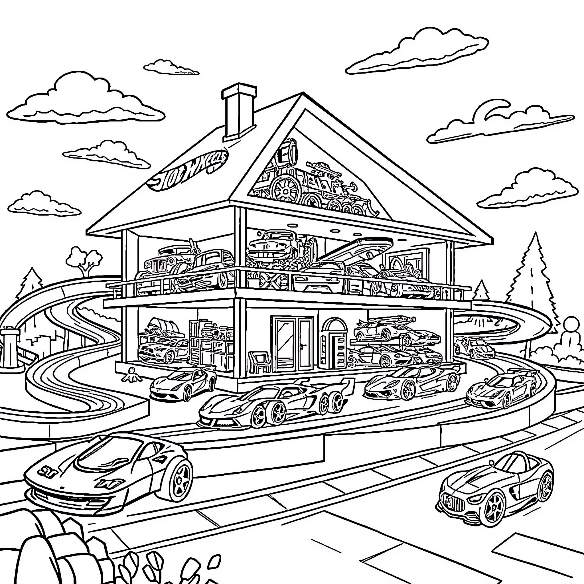 Hot Wheels garage filled with toy cars and tracks Coloring Page (free black-and-white line drawing printable PDF for all, from beginners to advanced learners, including children, teens, adults, and seniors)
